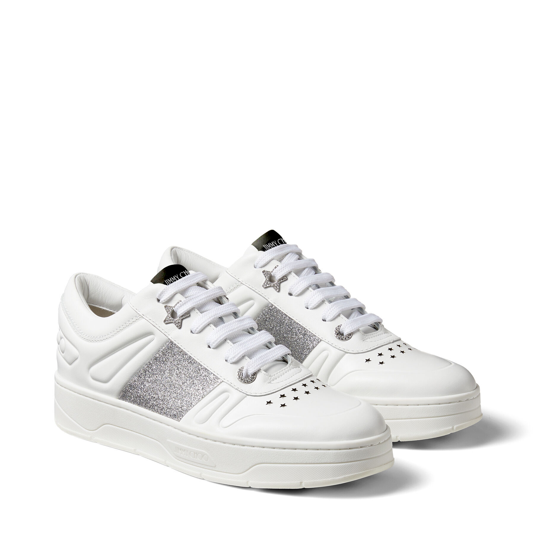 White Calf Leather Lace-Up Trainers with Glitter Stripe | HAWAII/F 