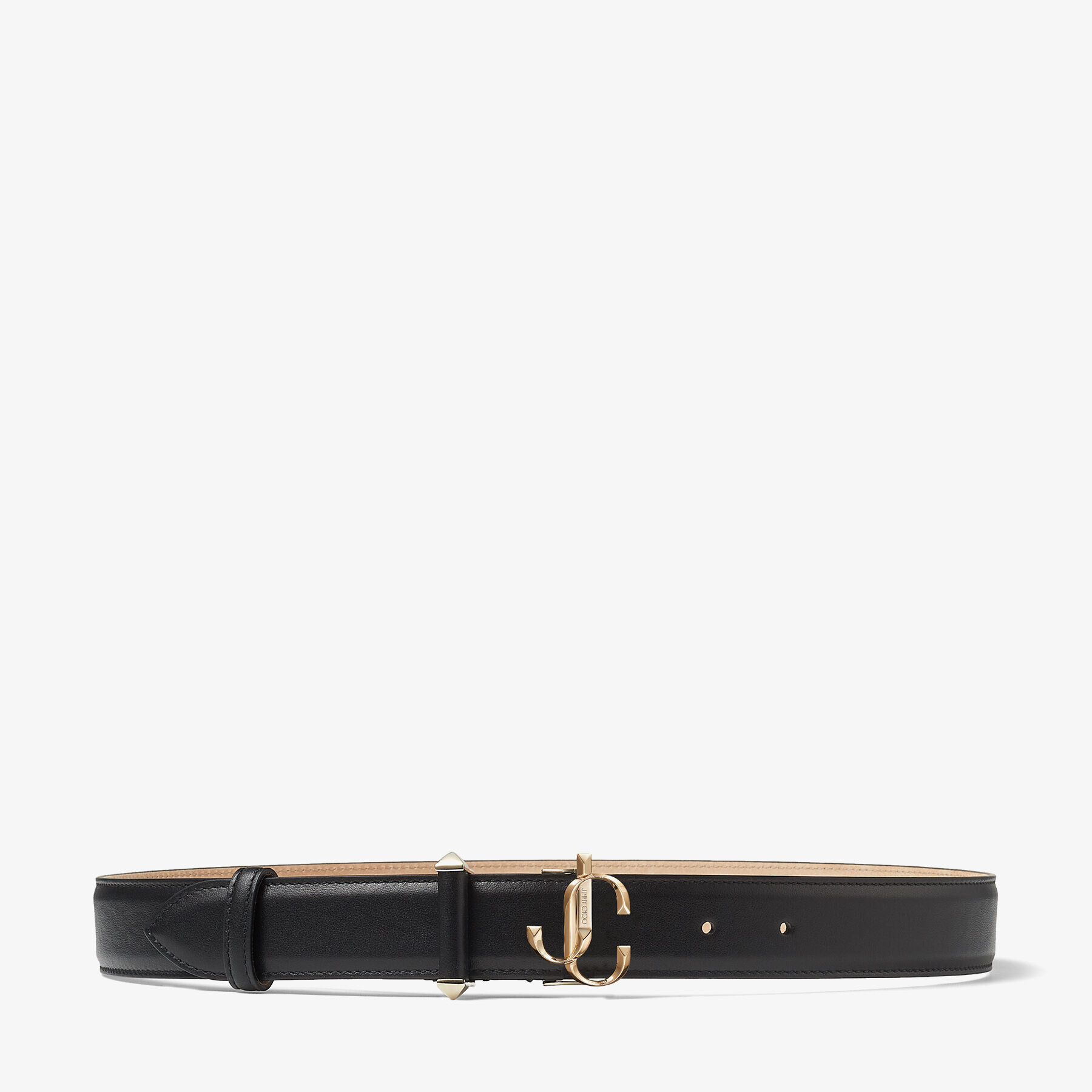 Black Soft Shiny Calf Leather Belt with Light Gold JC Emblem | JC 