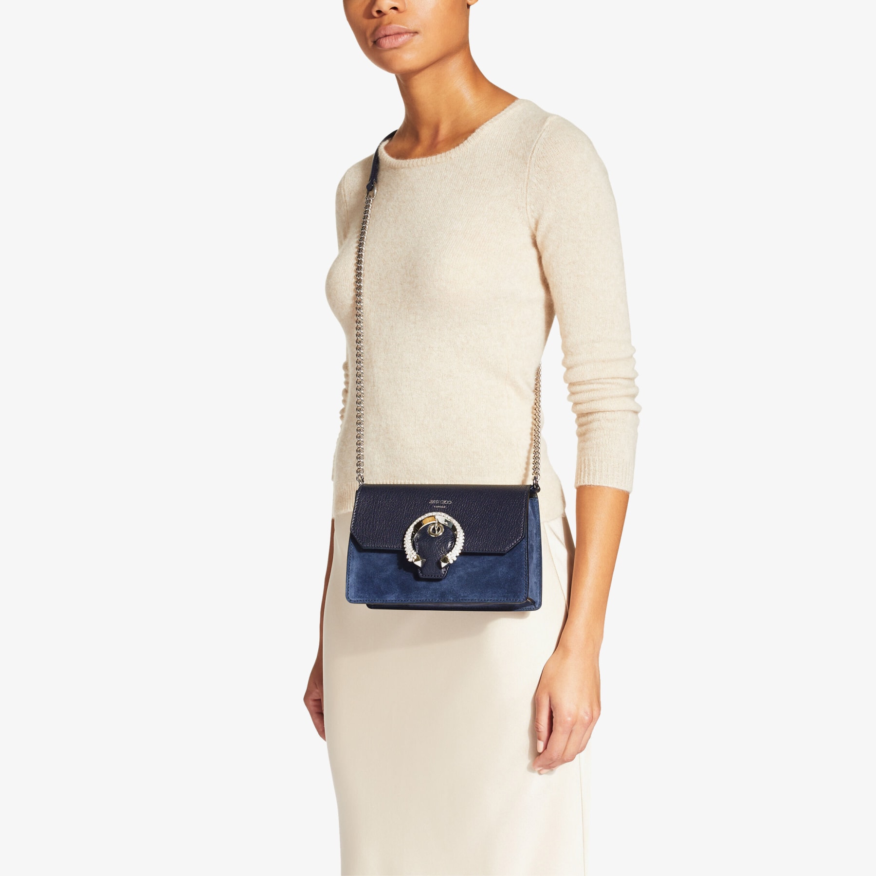 Navy Goat Leather and Suede Crossbody Bag with Crystal Buckle 
