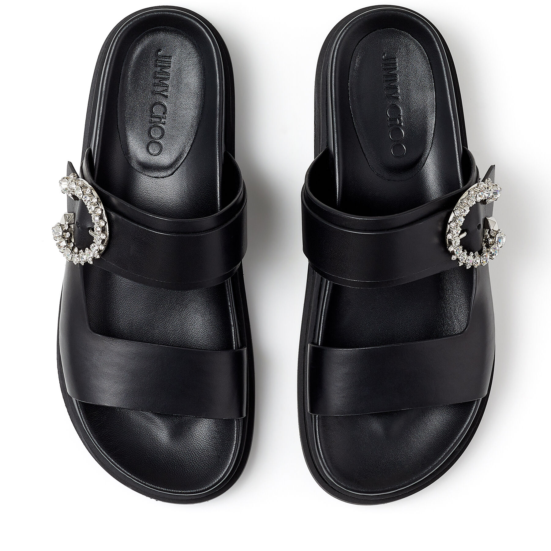 Black Vachetta Sandals with Crystal Buckle | MARGA FLAT | High 