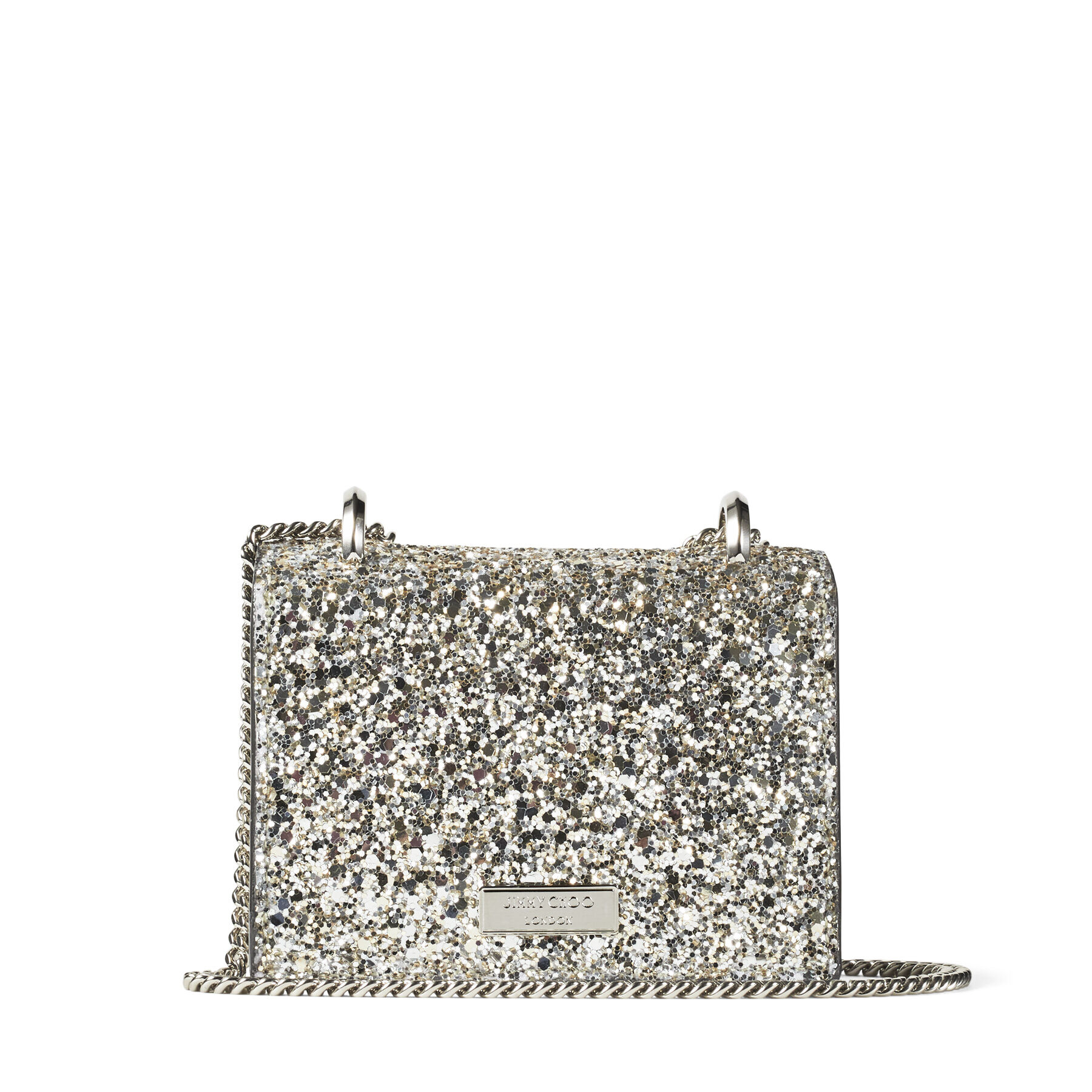 Platinum Dazzling Coarse Glitter Fabric Mini Bag with Crystal Platinum Dazzling Coarse Glitter Fabric Mini Bag with Crystal
