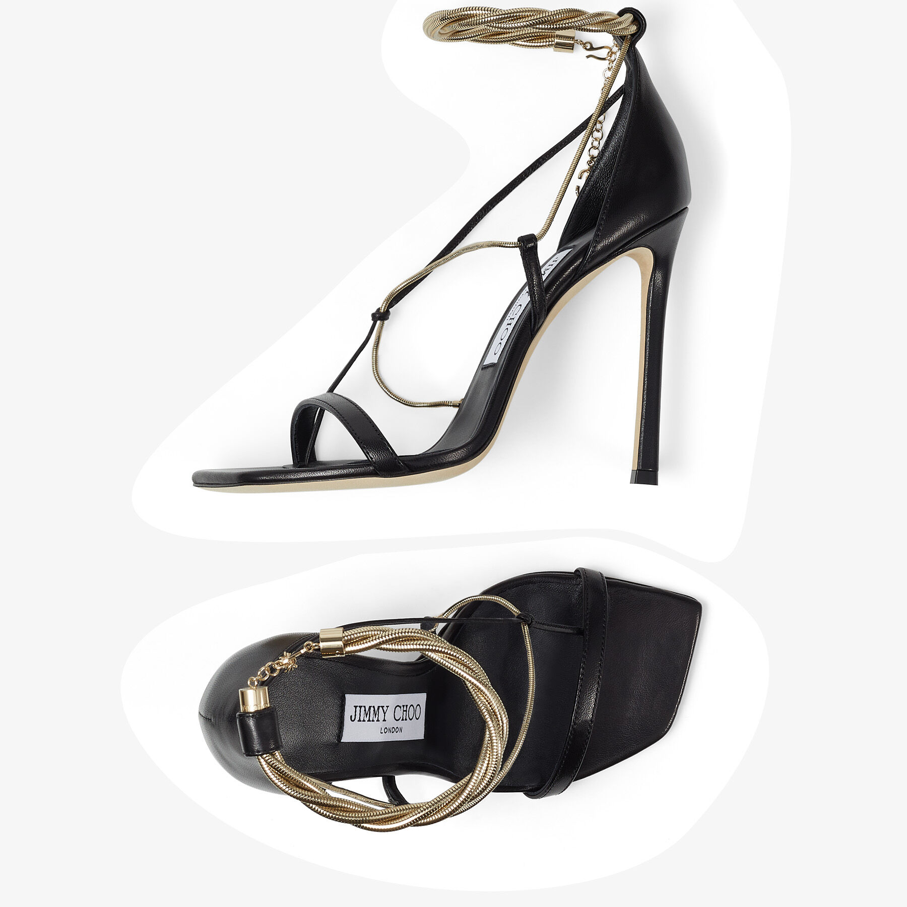 Sandalias en napa de color negro con cadenas doradas | ORIANA 110 |  Colección de verano 2022 | JIMMY CHOO