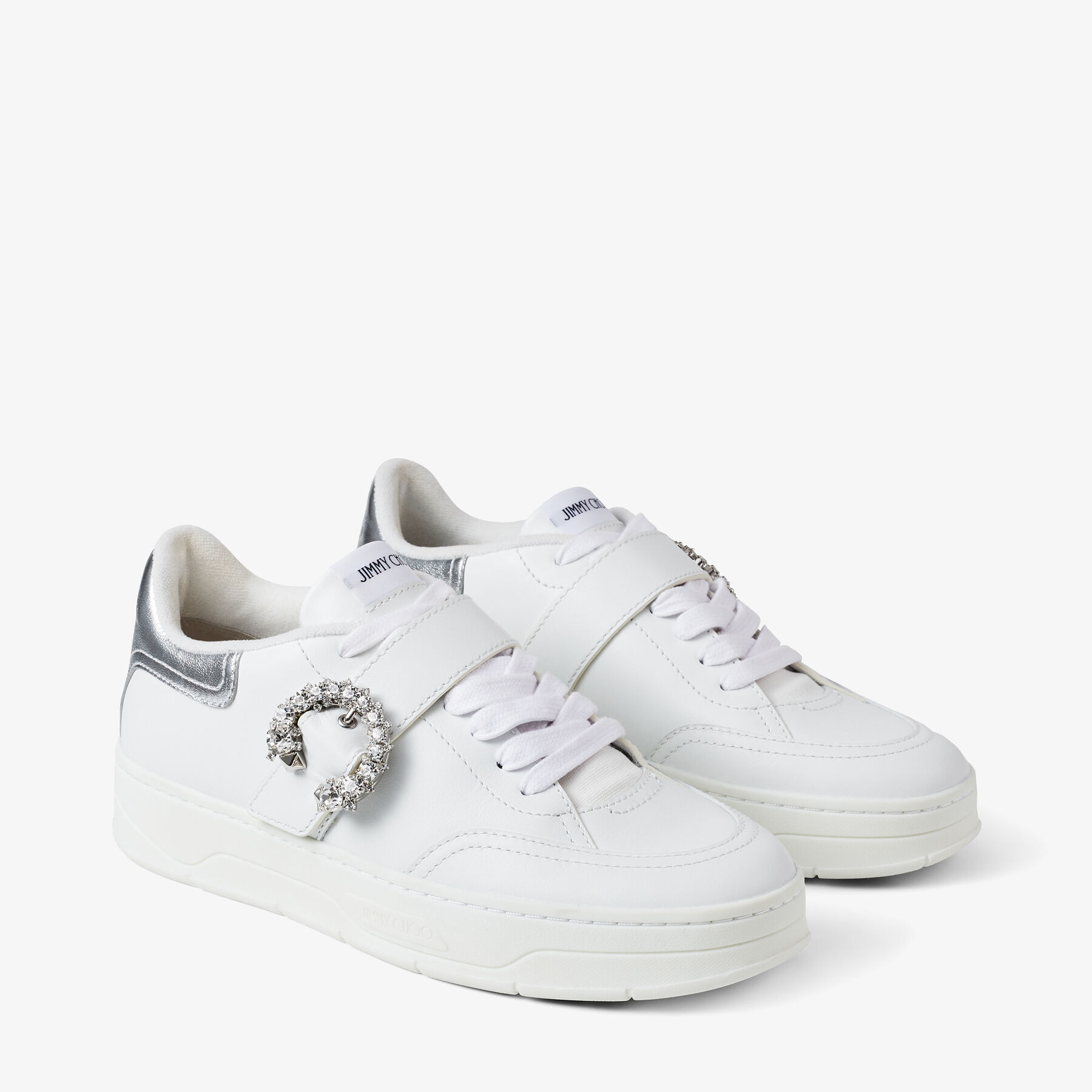 White Calf Leather and Silver Metallic Nappa Low Top Trainers with 