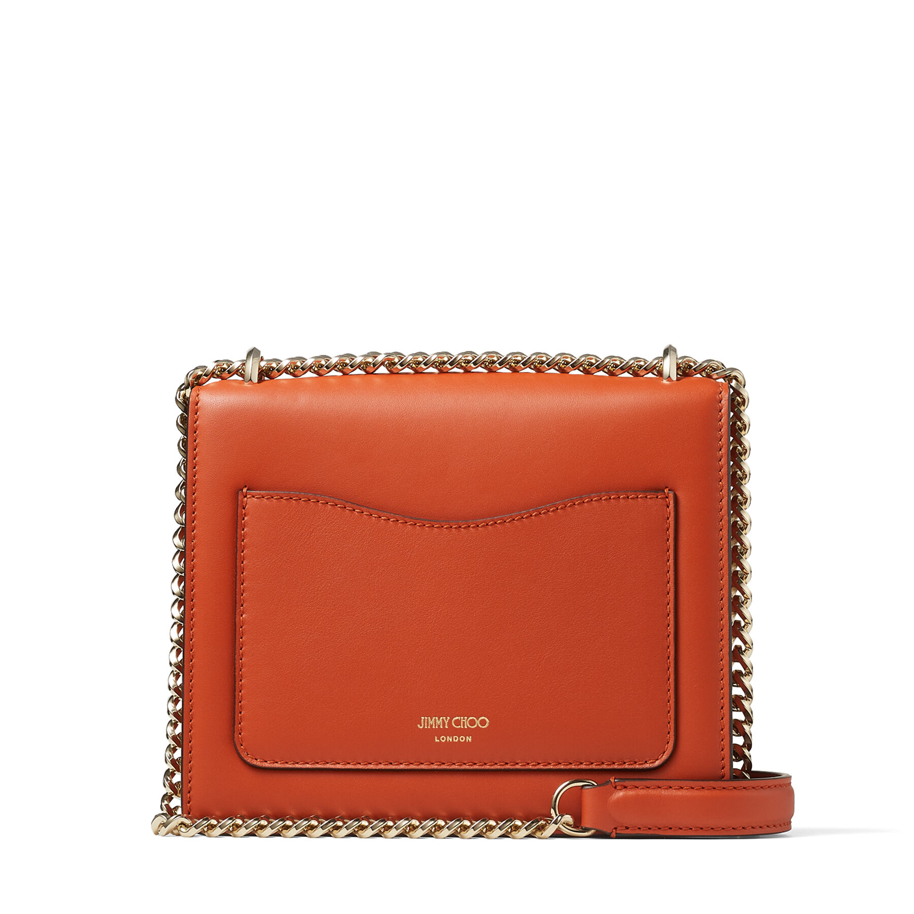 Dark Amber Orange Fine Shiny Calf Leather Shoulder Bag With Light Gold Jc Bar Varenne Quad Spring 2022 Collection Jimmy Choo