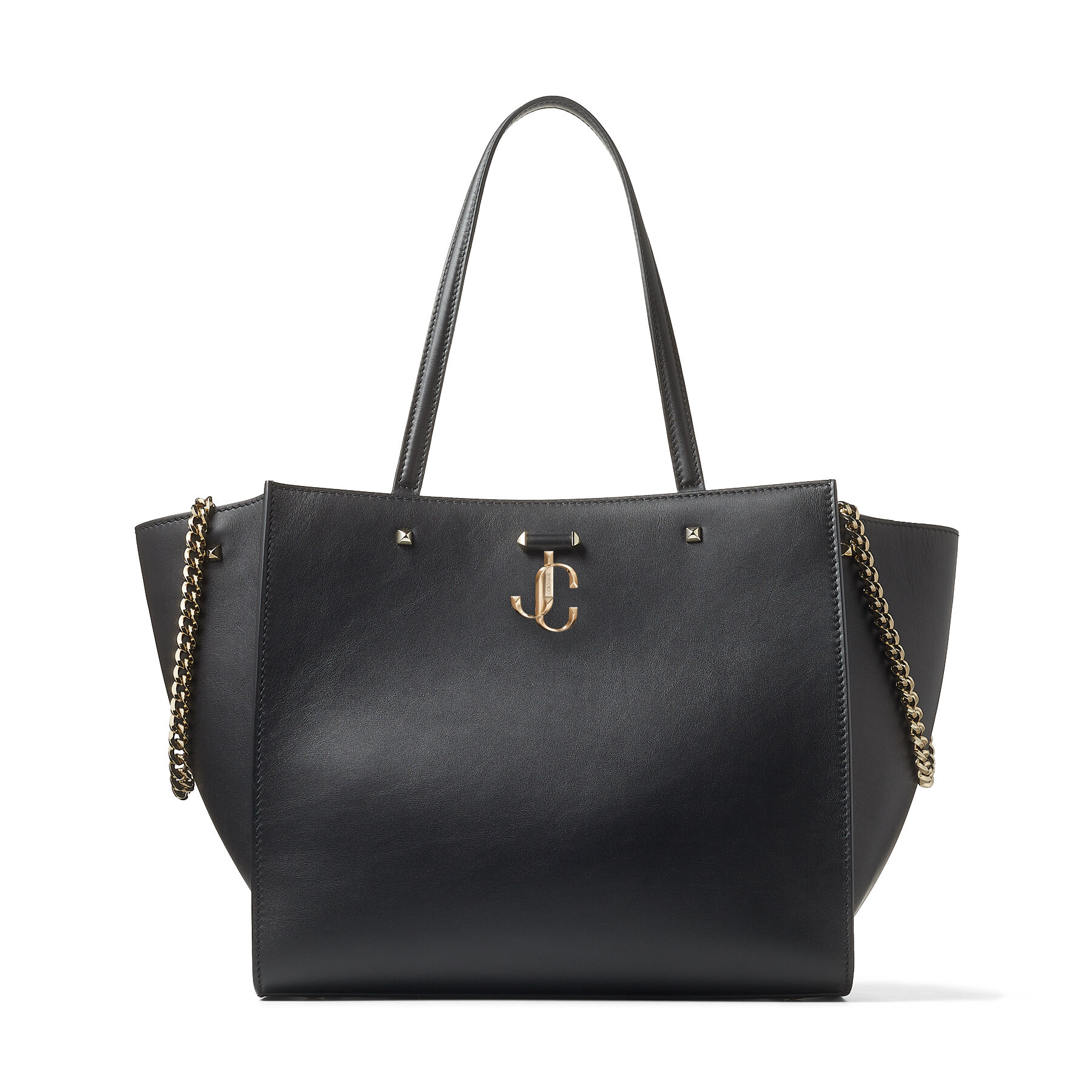 Black Fine Shiny Calf Leather Tote Bag with Light Gold JC Emblem 