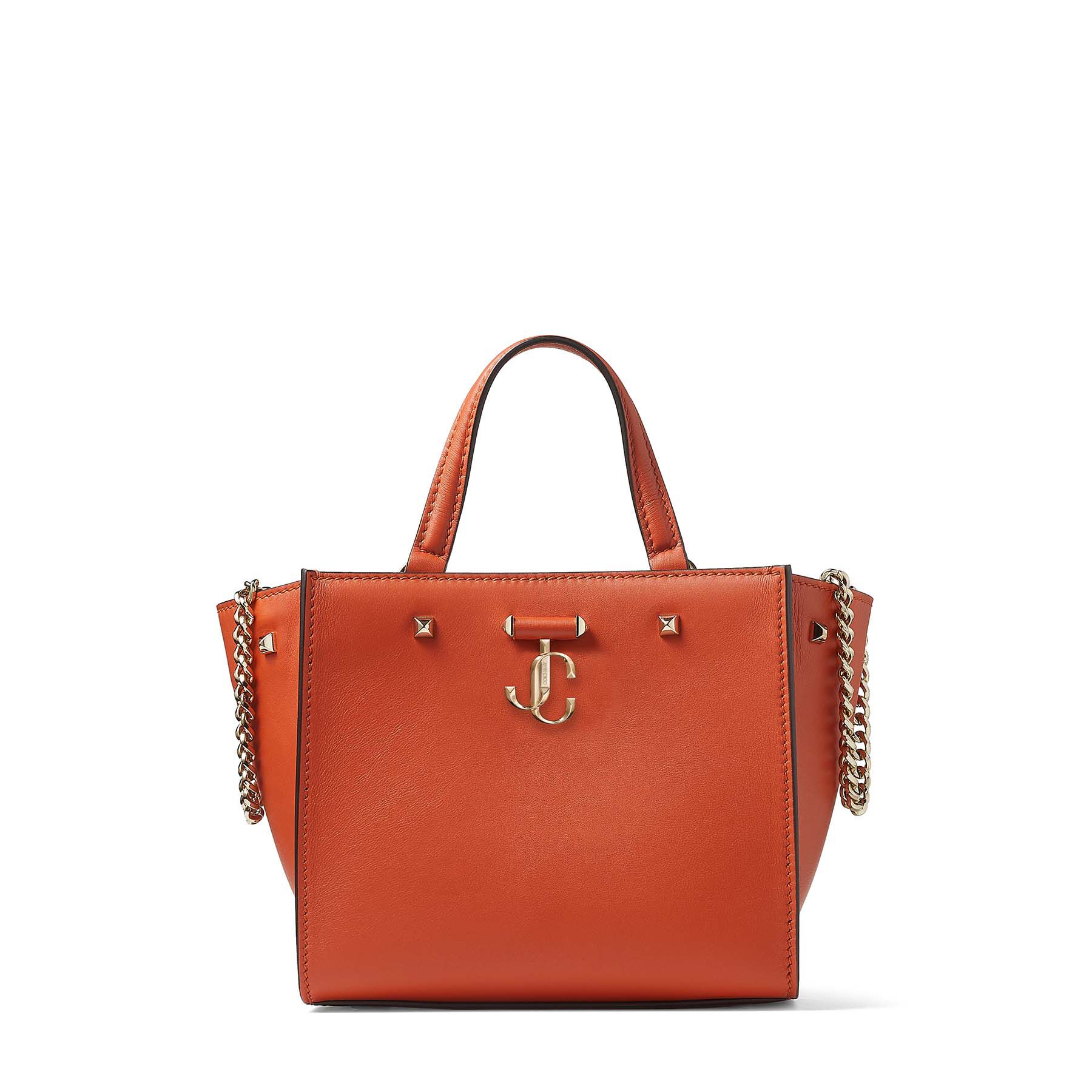 Dark Amber Orange Fine Shiny Calf Leather Tote Bag With Light Gold Jc Emblem Varenne Tote Bag S Spring 2022 Collection Jimmy Choo
