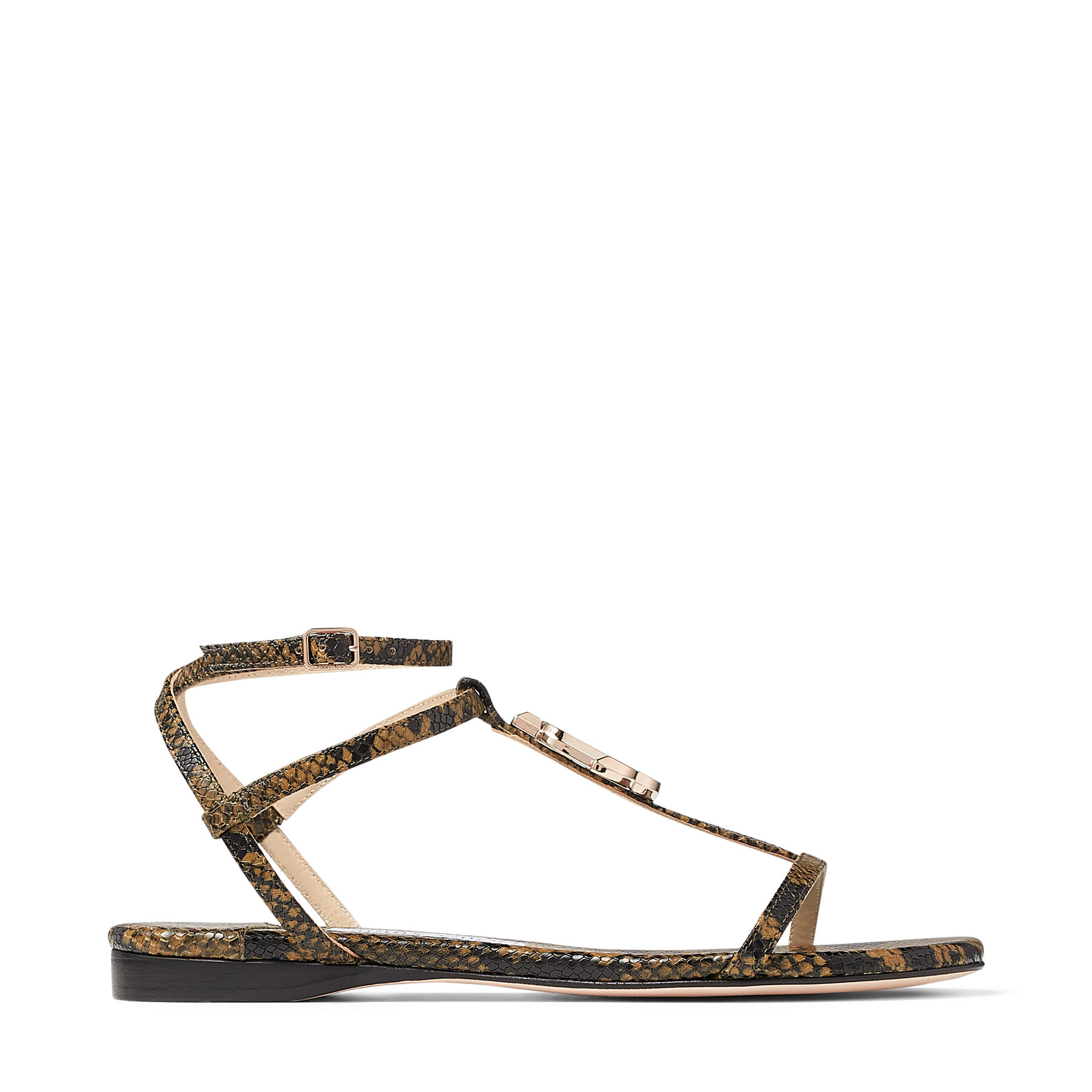 Dark Olive Snake Printed Leather Sandals | ALODIE FLAT | Spring Summer ...