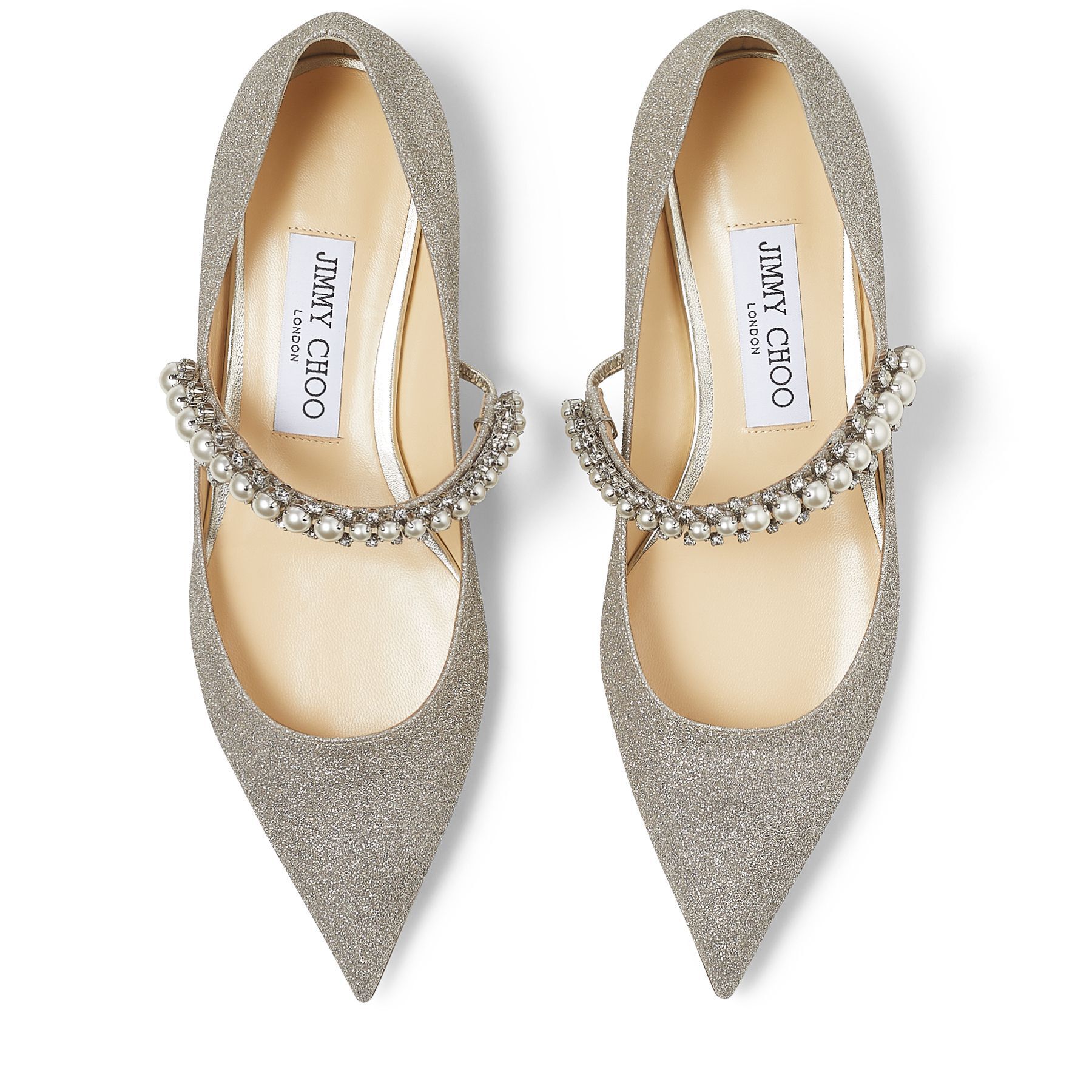 Platinum Ice Dusty Glitter Flats with Crystal and Pearl Strap | BAILY ...