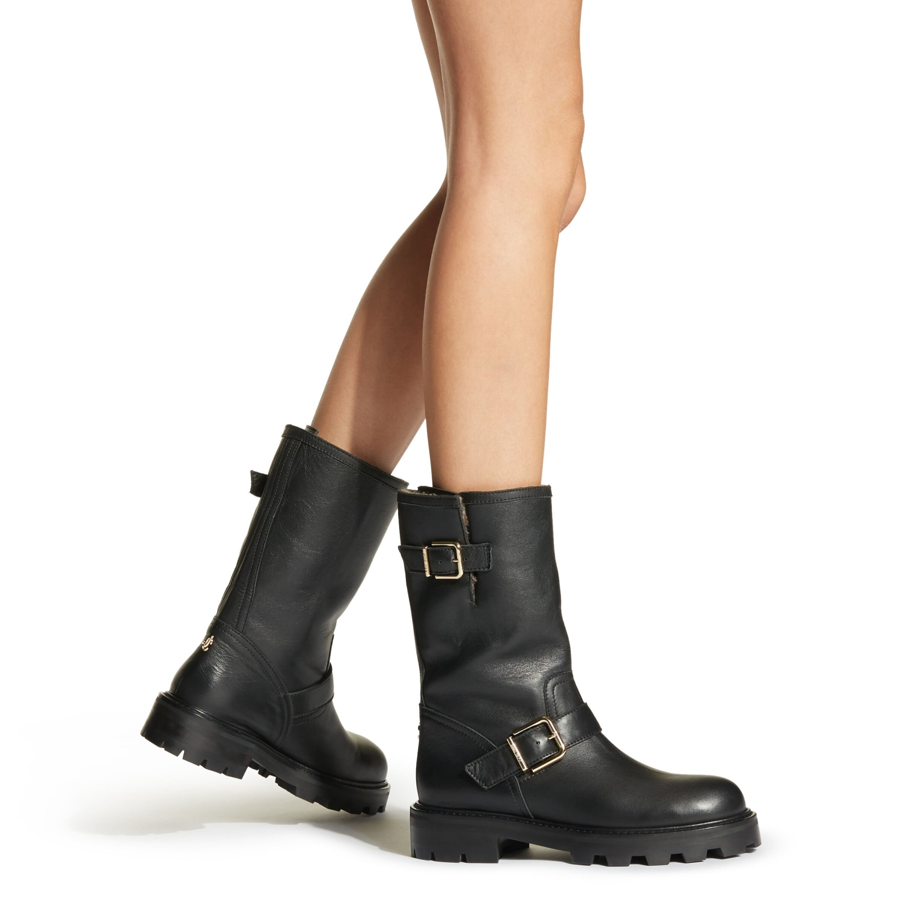 Black Smooth Leather Biker Boots with Shearling Lining|BIKER II 