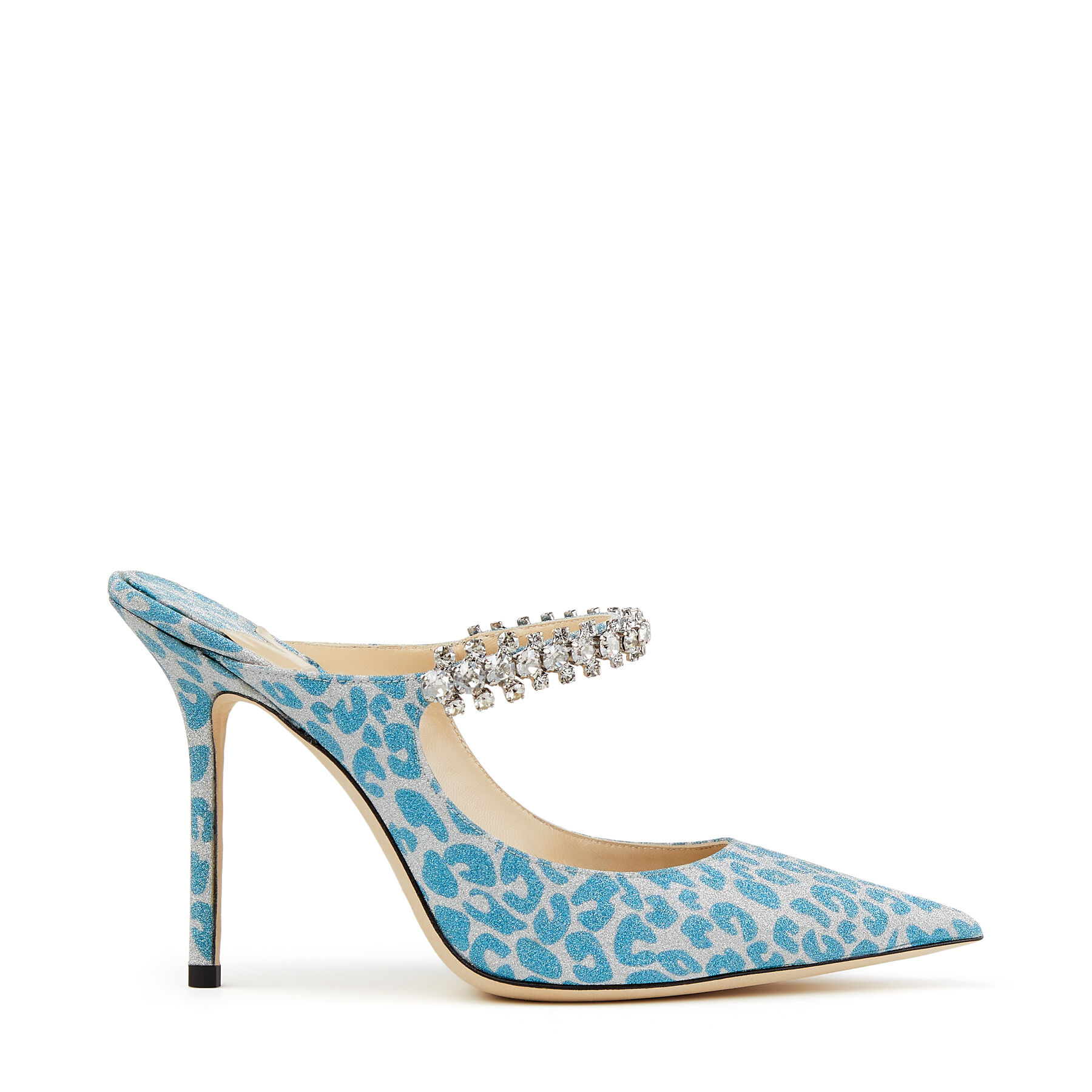 Butterfly Blue Leopard Print Glitter Mules with Crystal Strap | BING ...