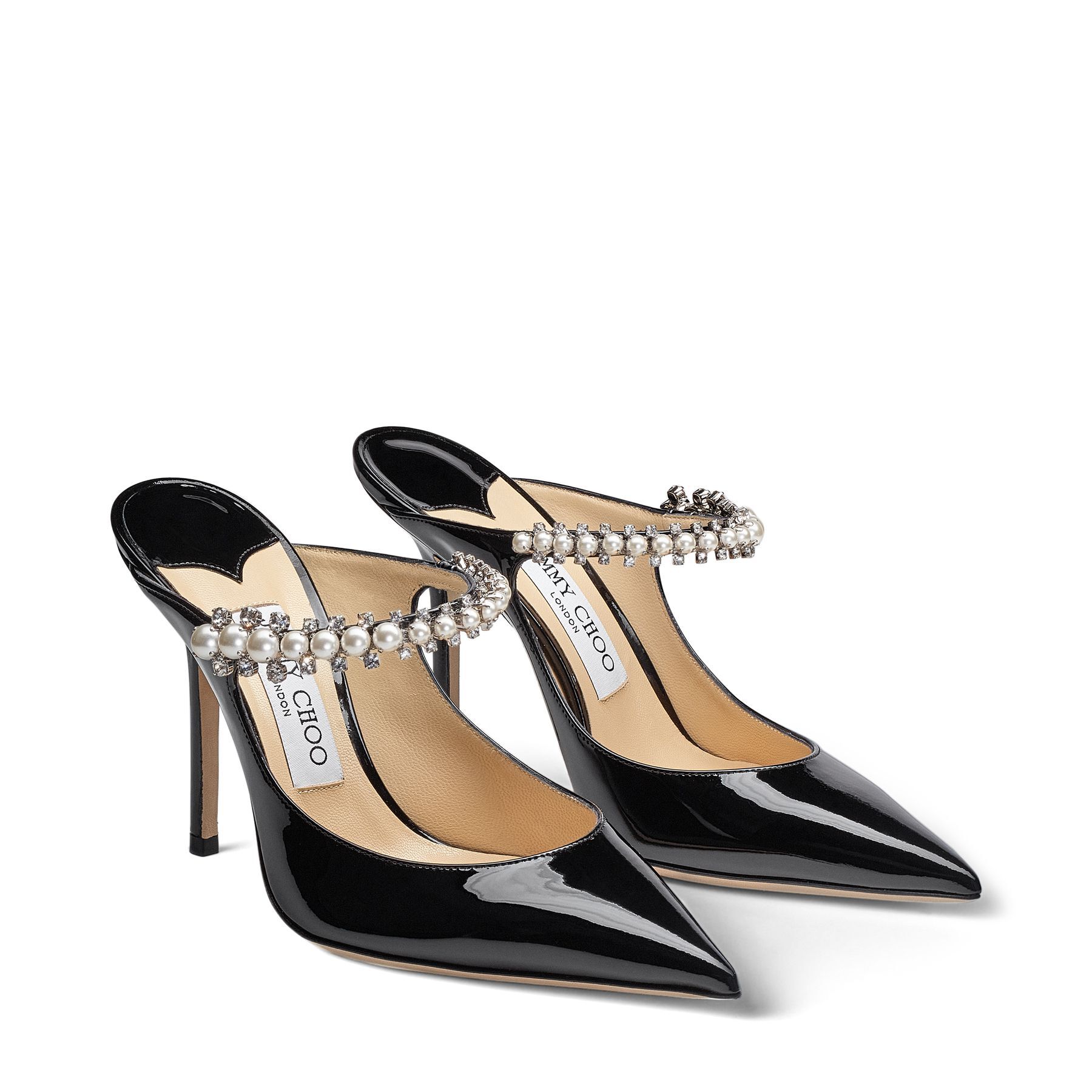Black Patent Mules with Crystal and Pearl Strap | BING 100| Autumn