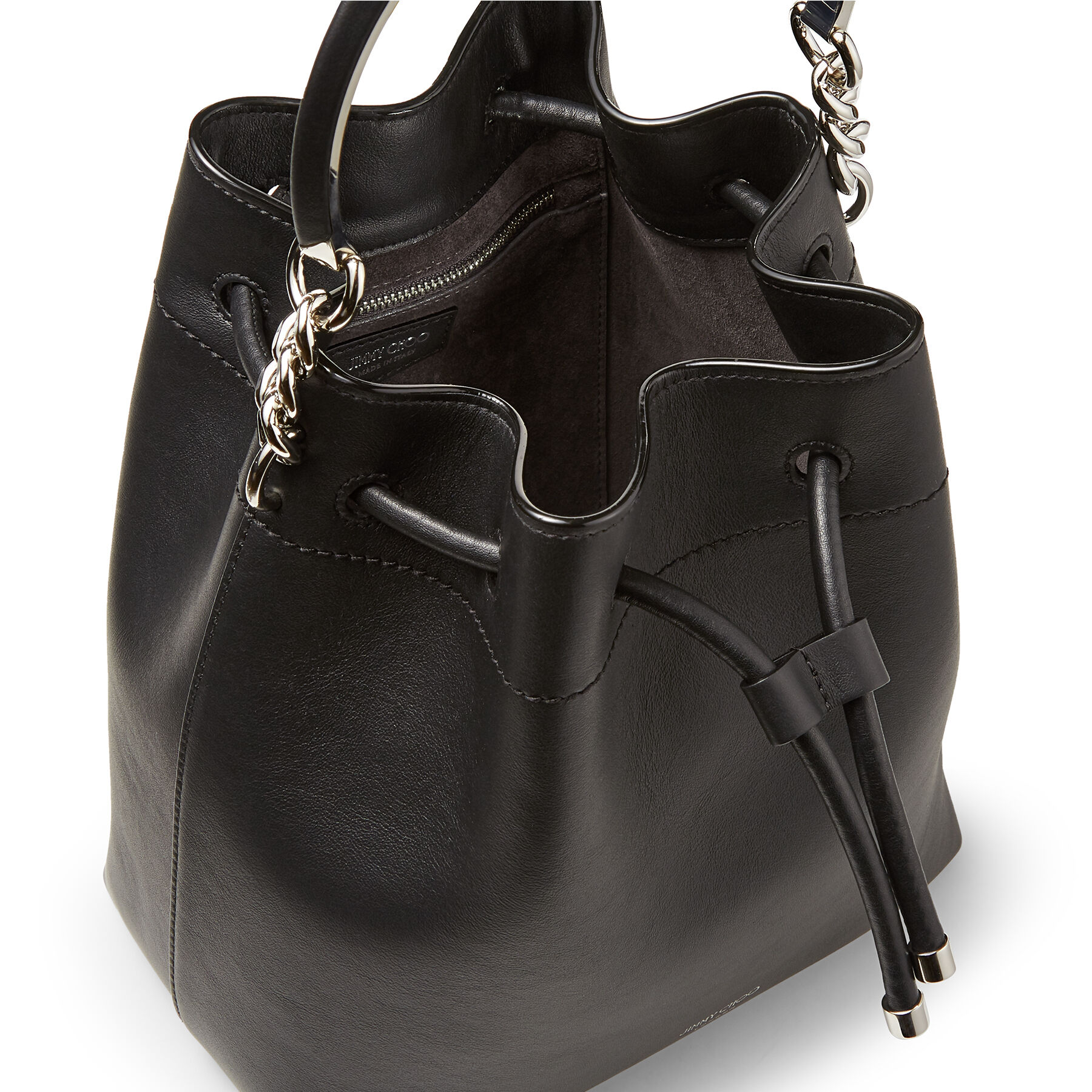 Black Calf Leather Bag with Silver Metal Handle | BON BON BUCKET | High ...