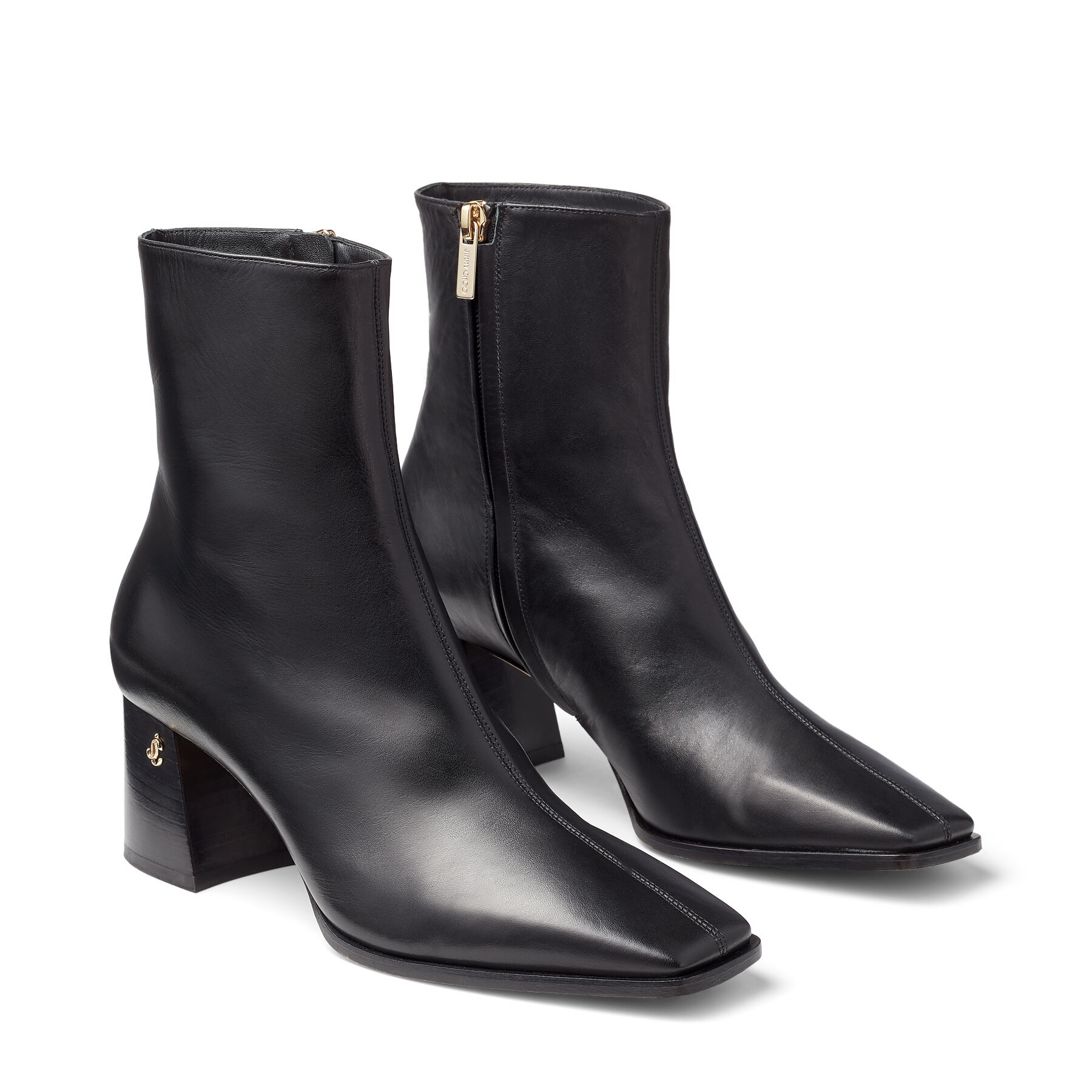 Black Calf Leather Block Heel Ankle Boots with JC emblem |BRYELLE 65 ...