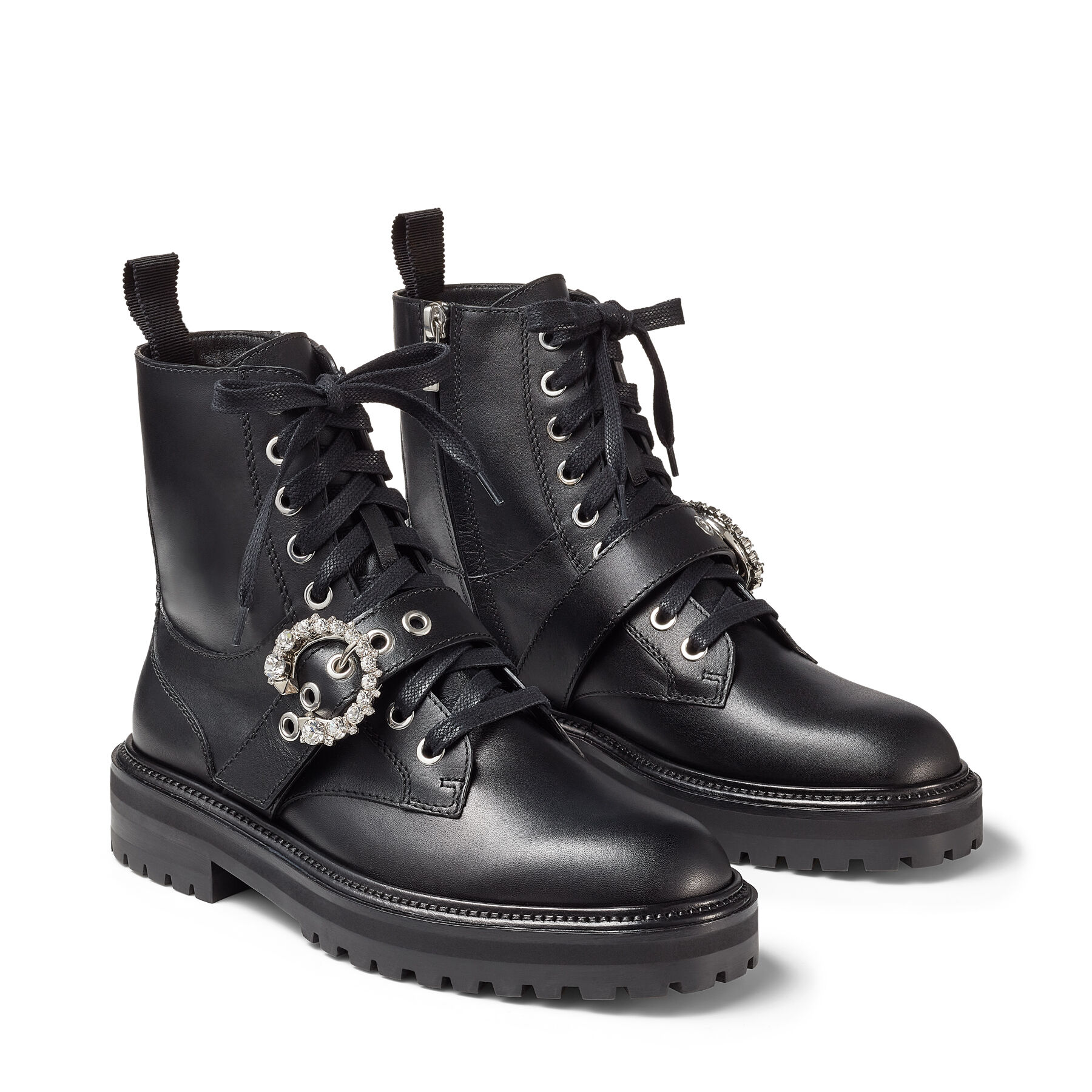 Black Soft Calf Leather Combat Boots with Crystal Buckle | CORA FLAT ...