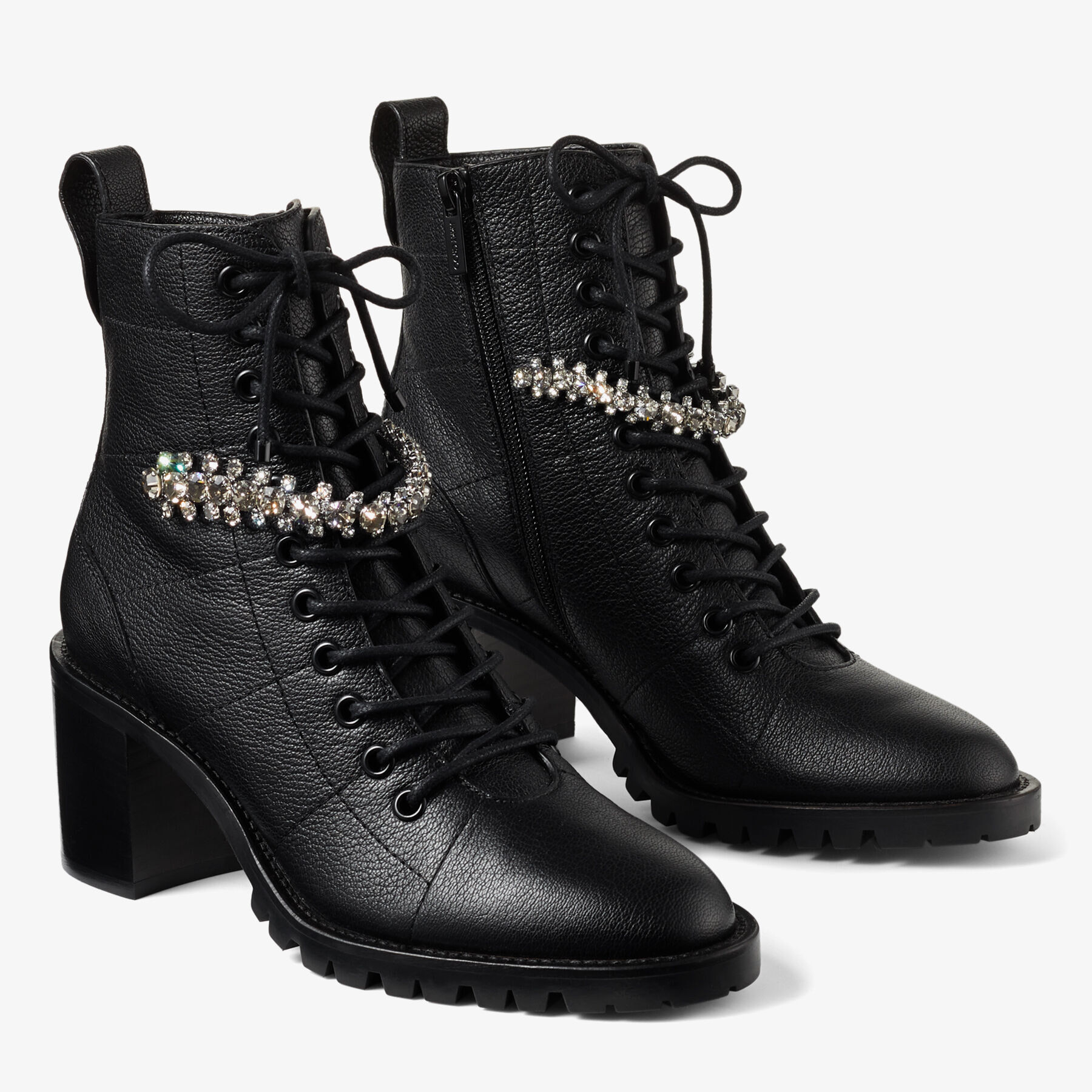 Black Grained Leather Lace-Up Combat Boots with Crystal |CRUZ 65 