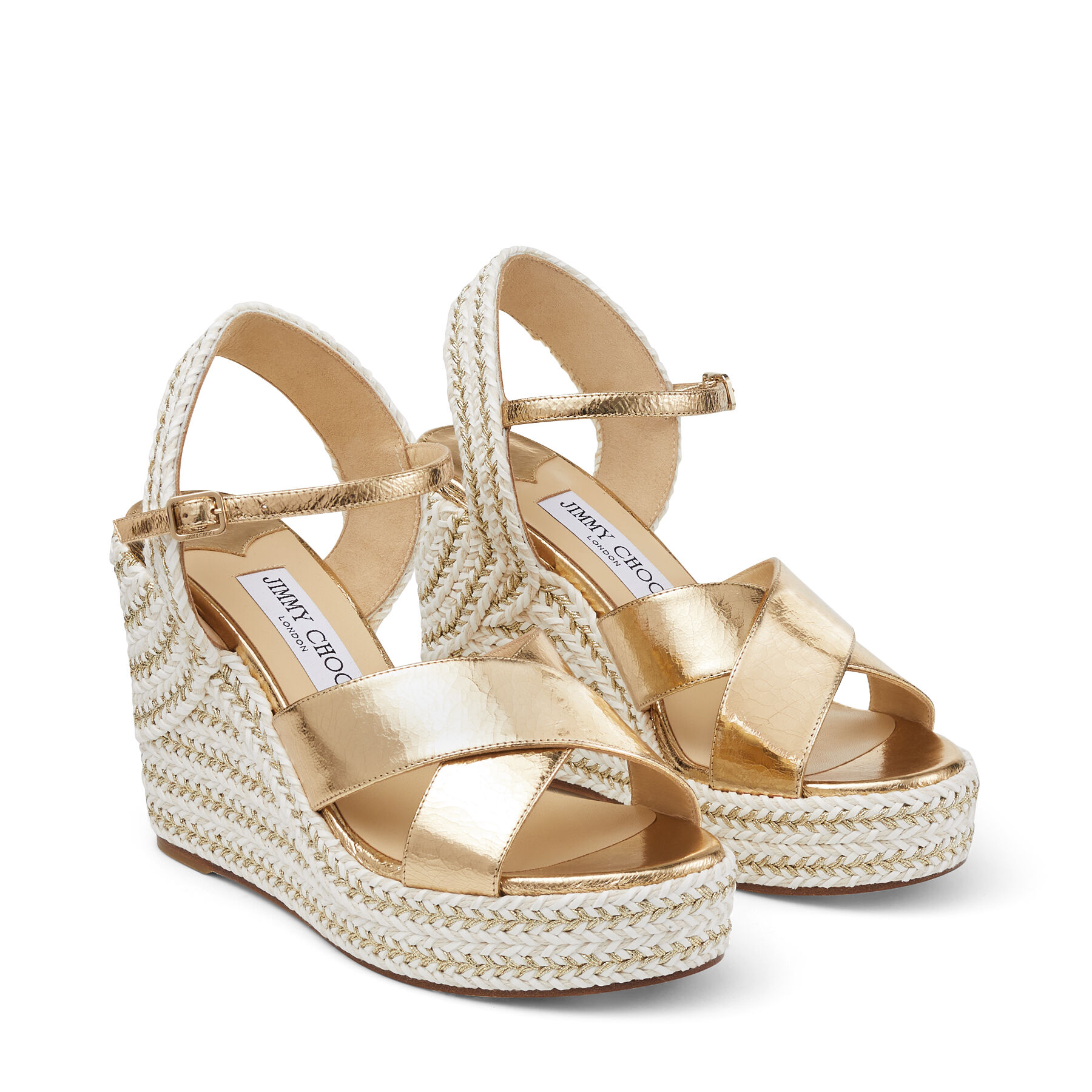 Gold Crackled Leather Wedges with Metallic Rope Braid | DELLENA 100 ...