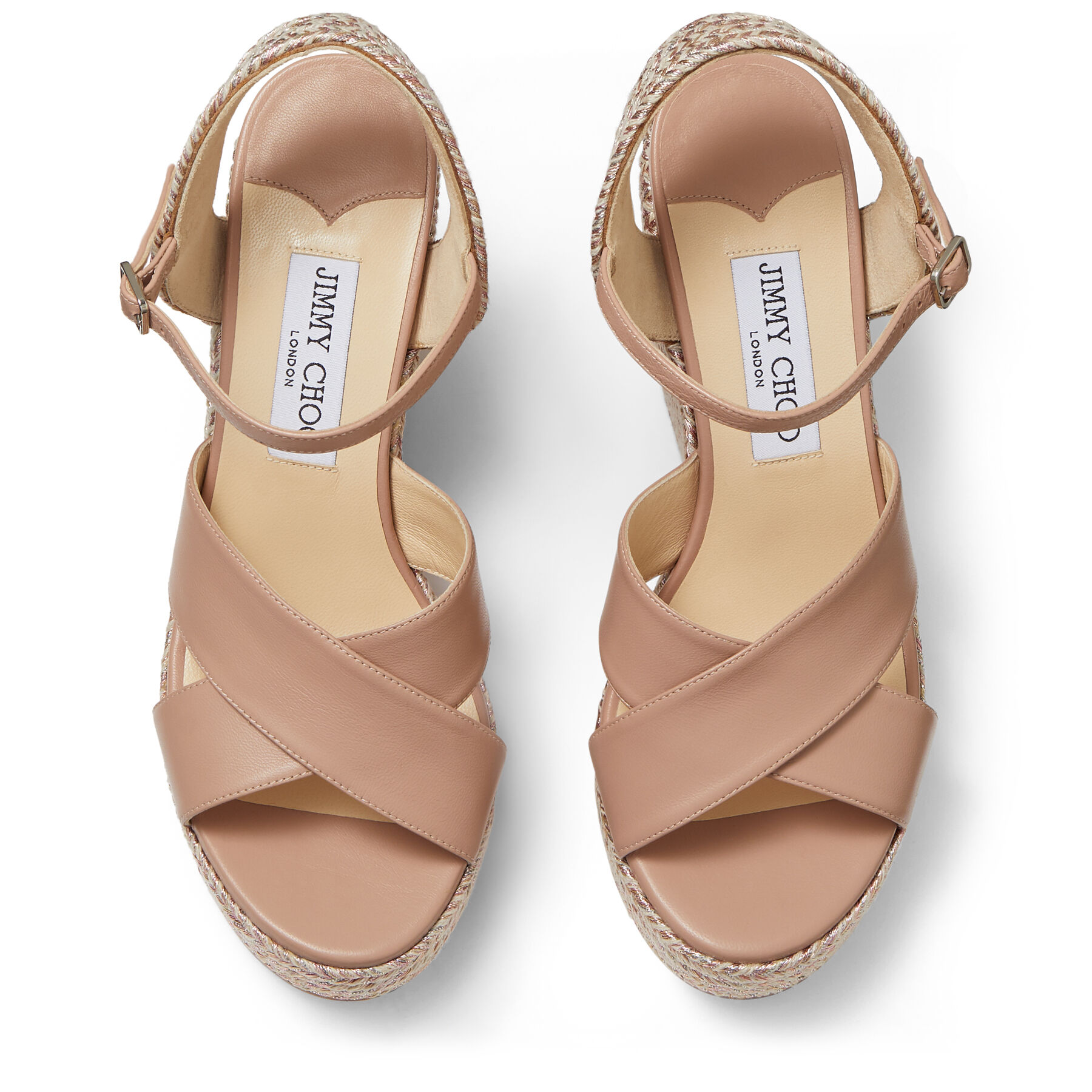Ballet Pink Nappa Leather Wedge with Metallic Rope Trim|DELLENA 