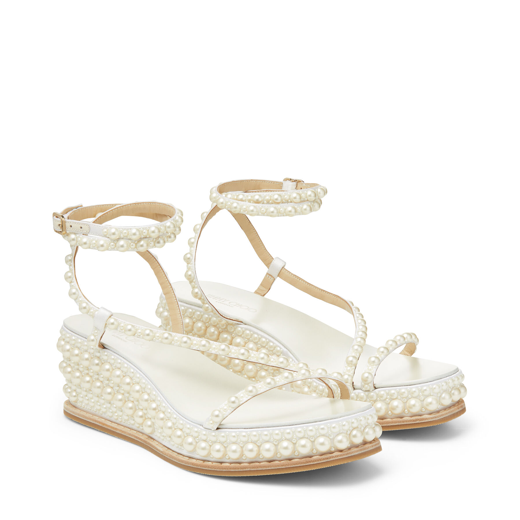 White Satin Wedge Sandals with Pearl Embellishment | DRIVE 60 | High Summer 2021 | JIMMY CHOO