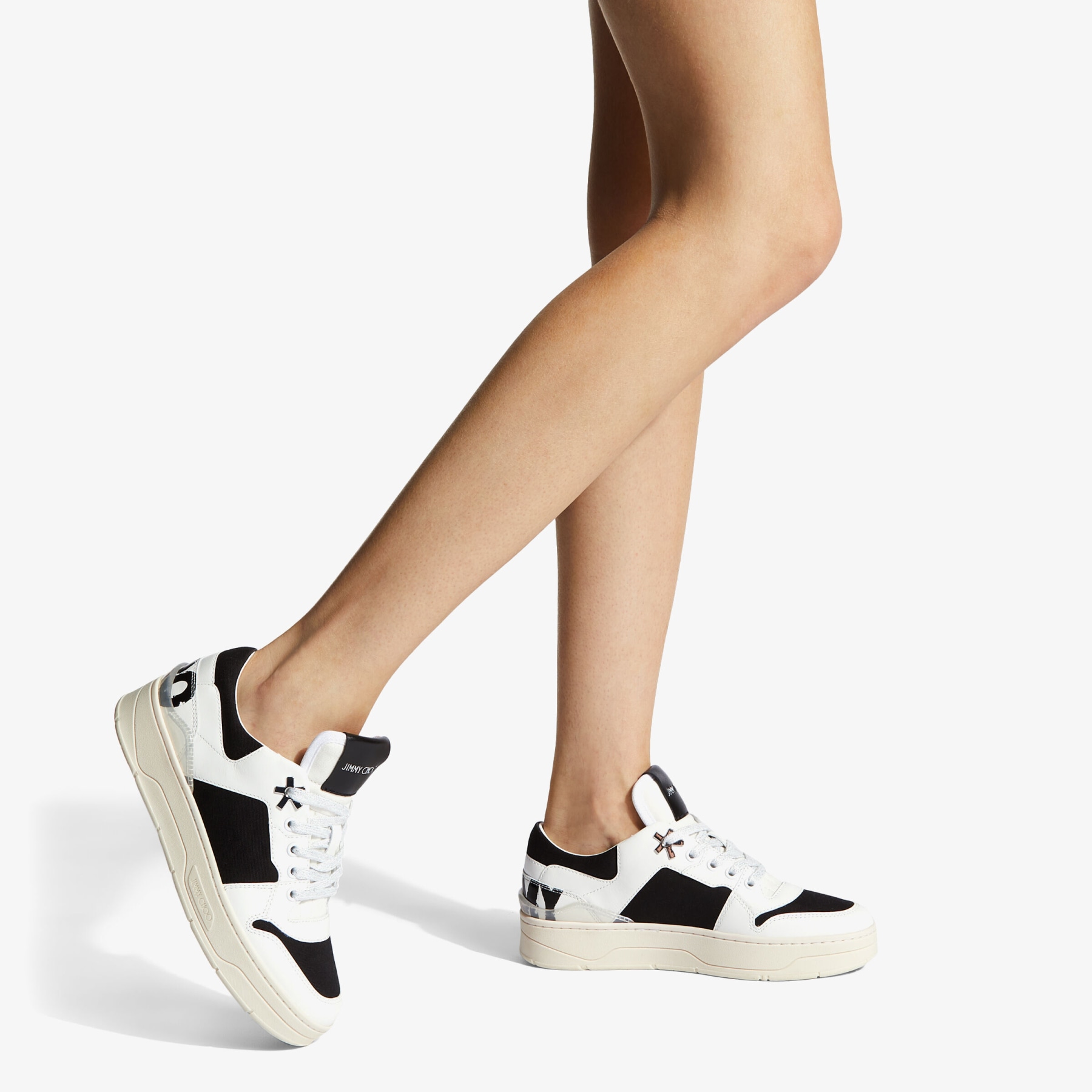 White Calf Leather and Black Canvas Trainers | FLORENT/F | JIMMY 