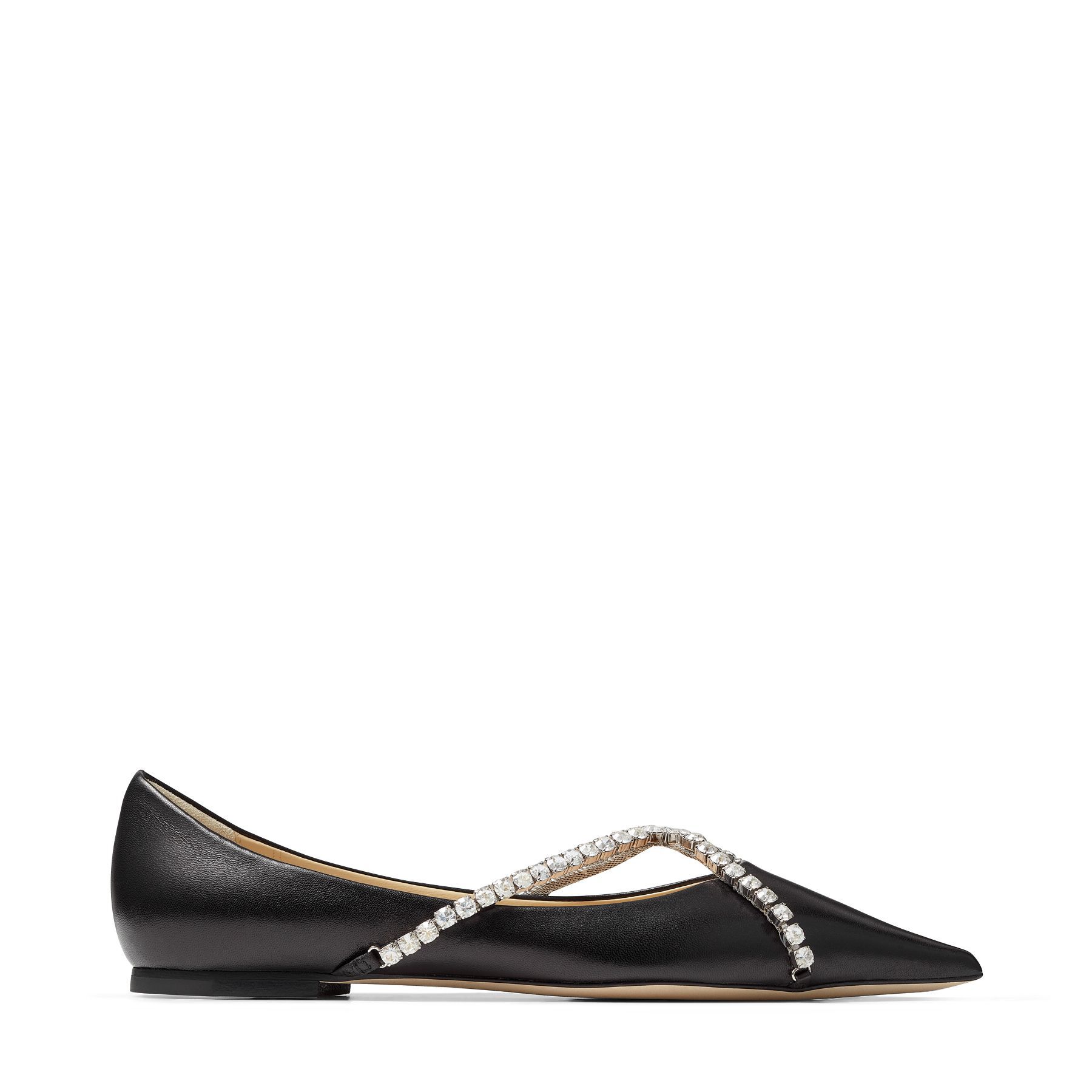 Black Nappa Leather Pointed-Toe Flats with Crystal Chain | GENEVI FLAT ...