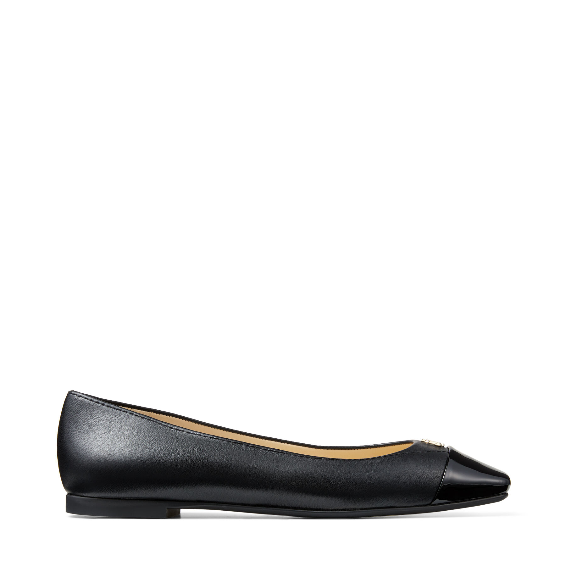 Black Nappa and Patent Leather Square-Toe Flats with JC Emblem | GISELA
