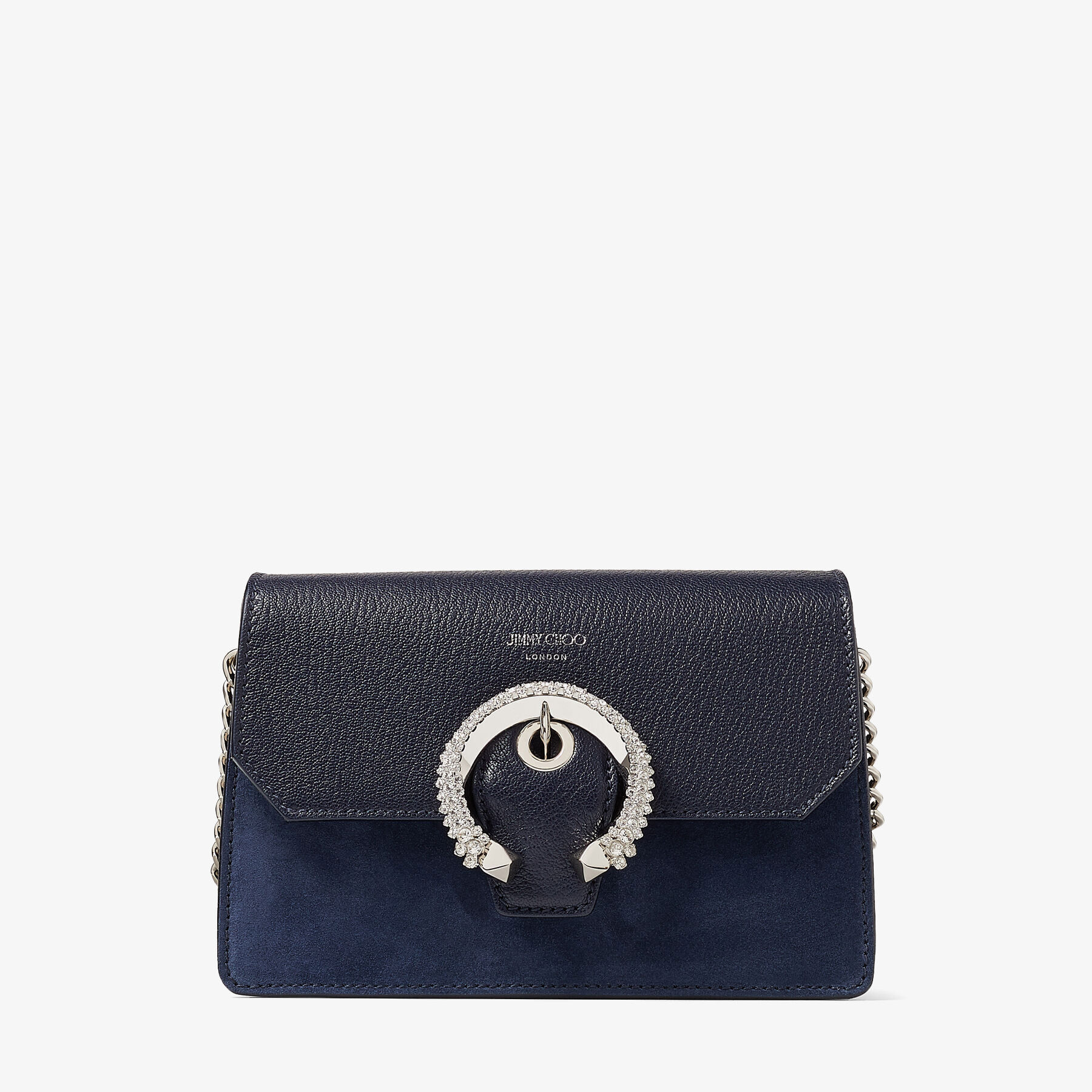 Navy Goat Leather and Suede Crossbody Bag with Crystal Buckle 