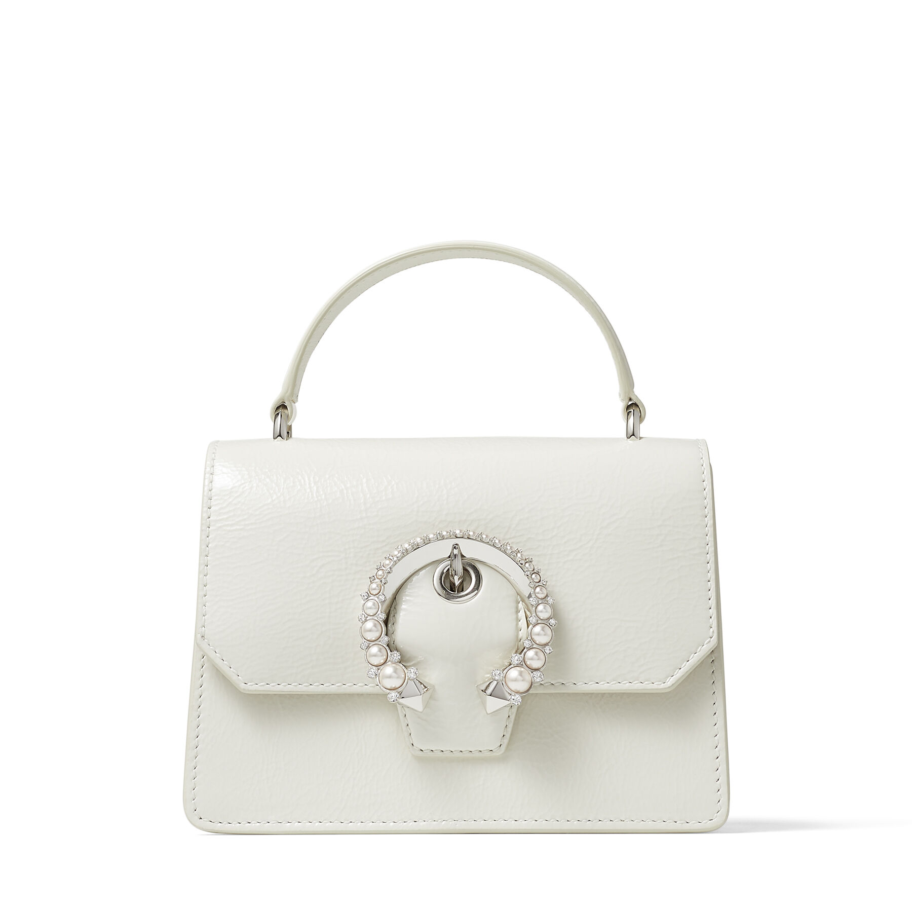 Latte Patent Textured Leather Satchel with Pearl Buckle | MADELINE ...