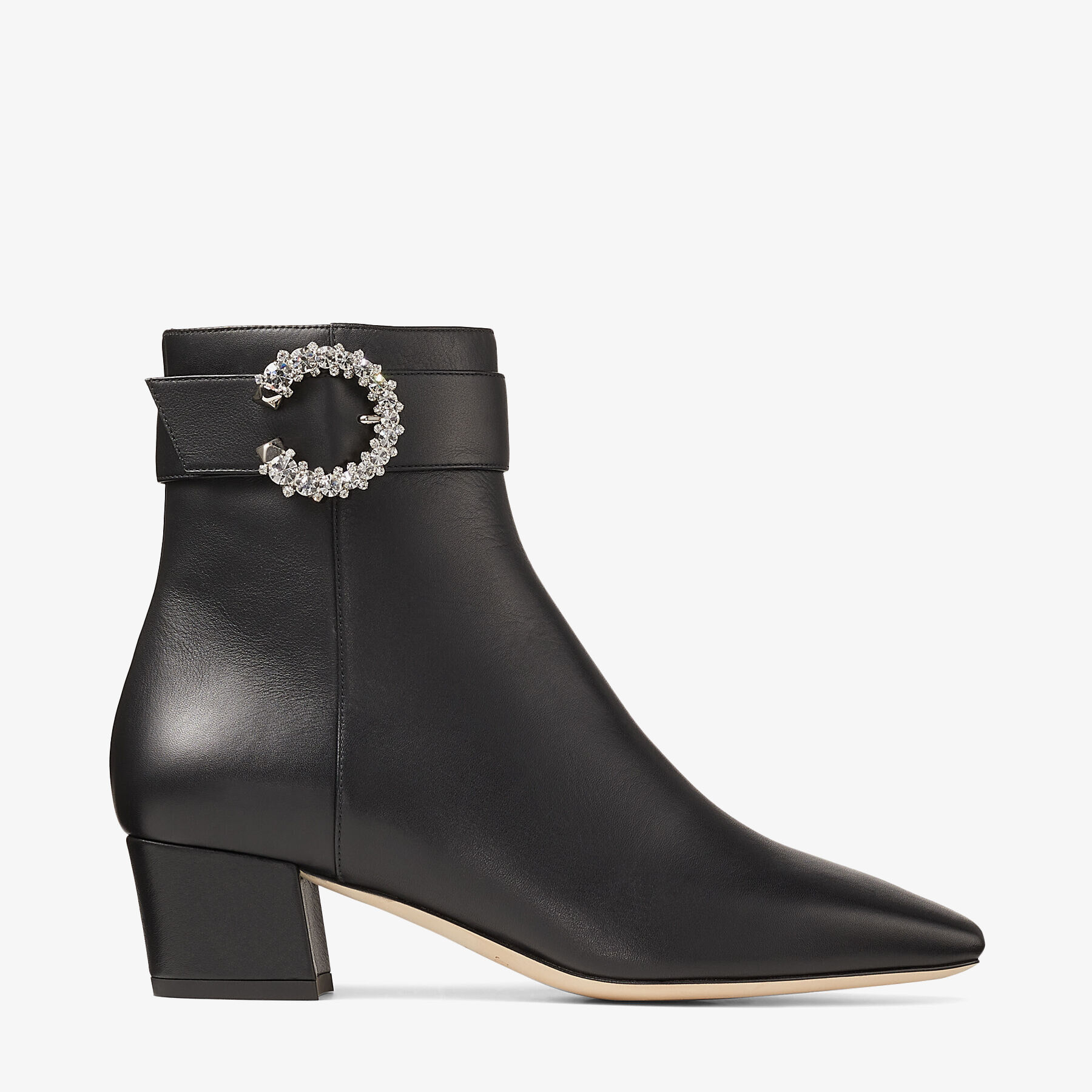 Black Smooth Leather Ankle Boots with Crystal Buckle | MYAN 45 