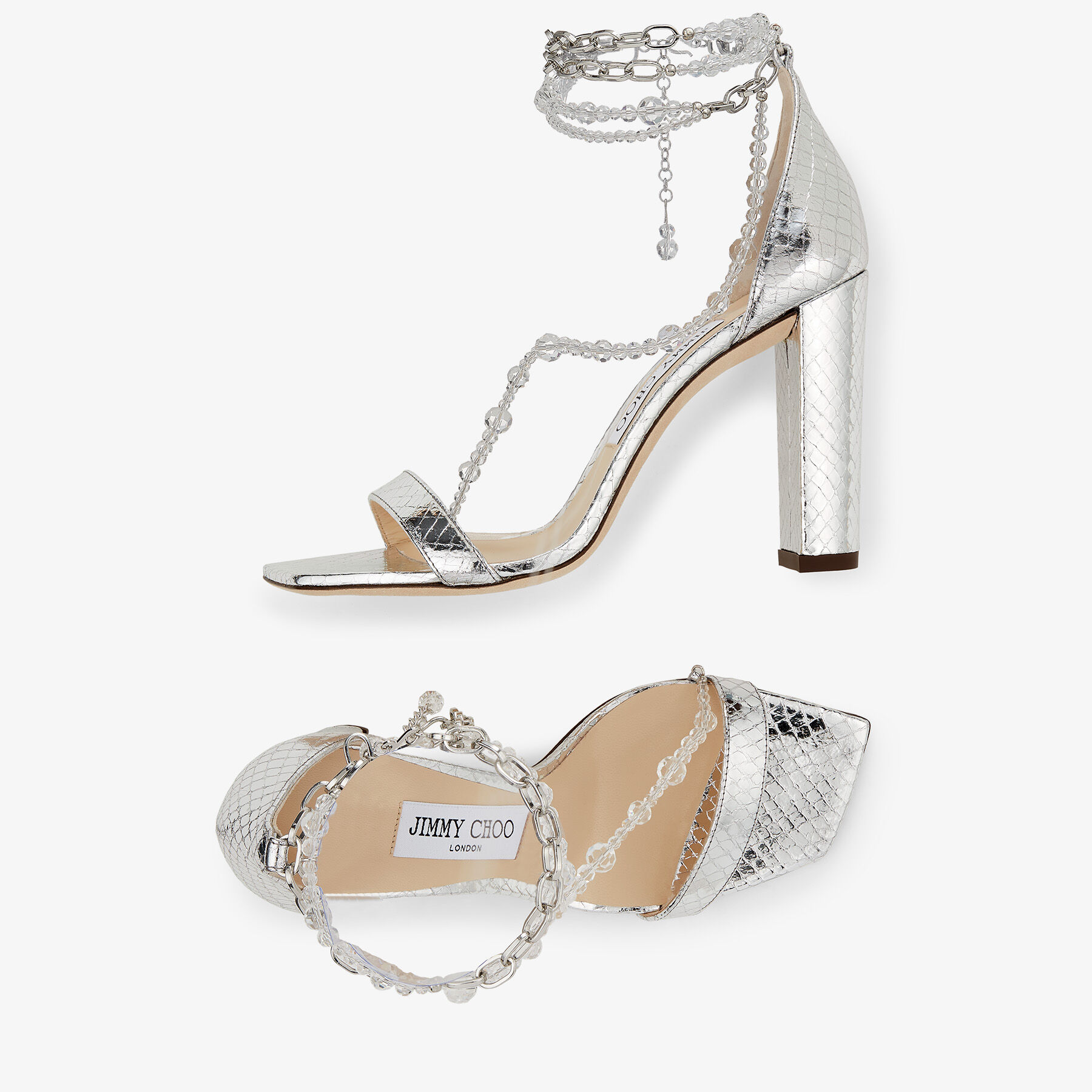 Silver Candy Wrap Leather Sandals with Chain and Glass Bead 