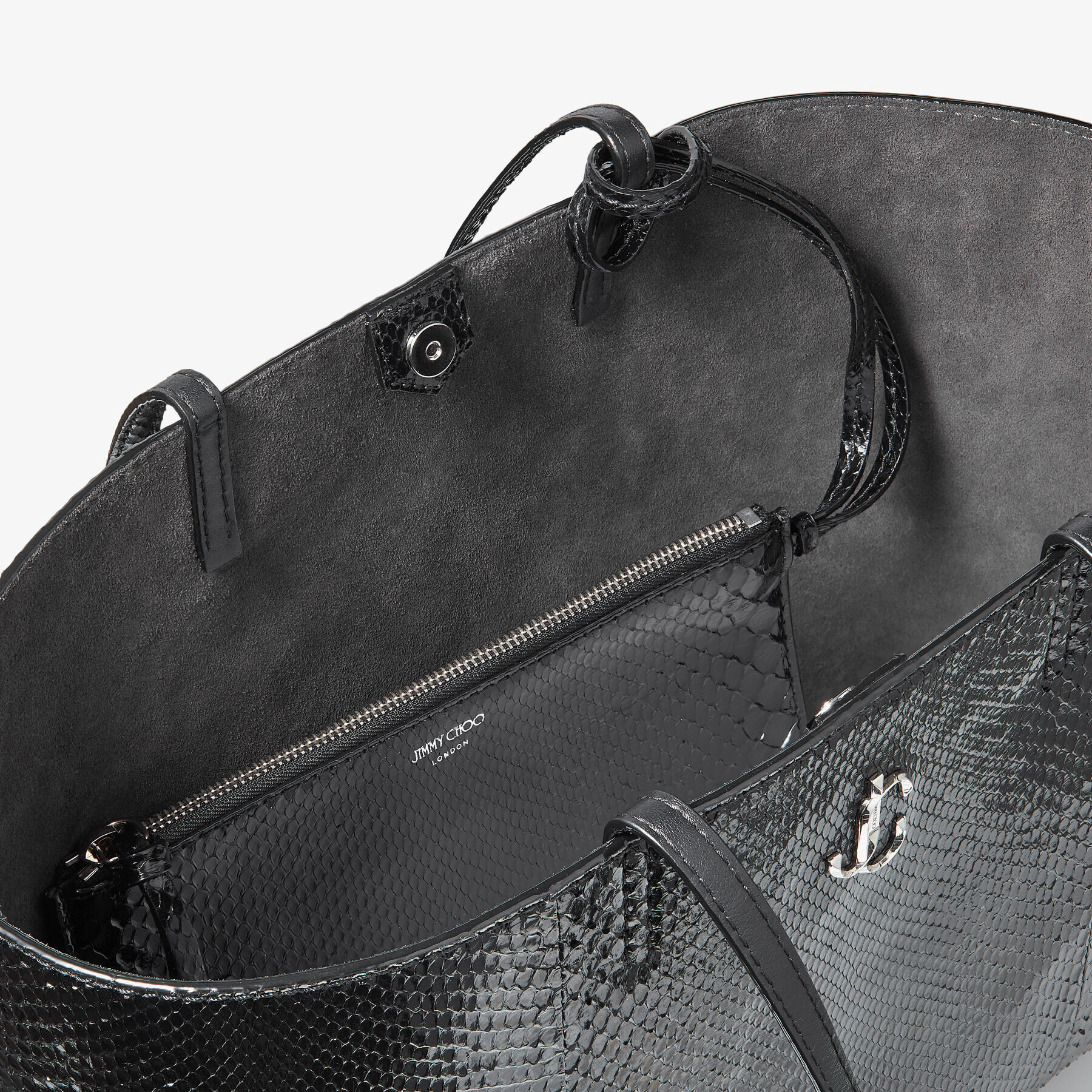 Black Shiny Python Tote Bag with JC Logo|NINE |Cruise '20 |JIMMY CHOO
