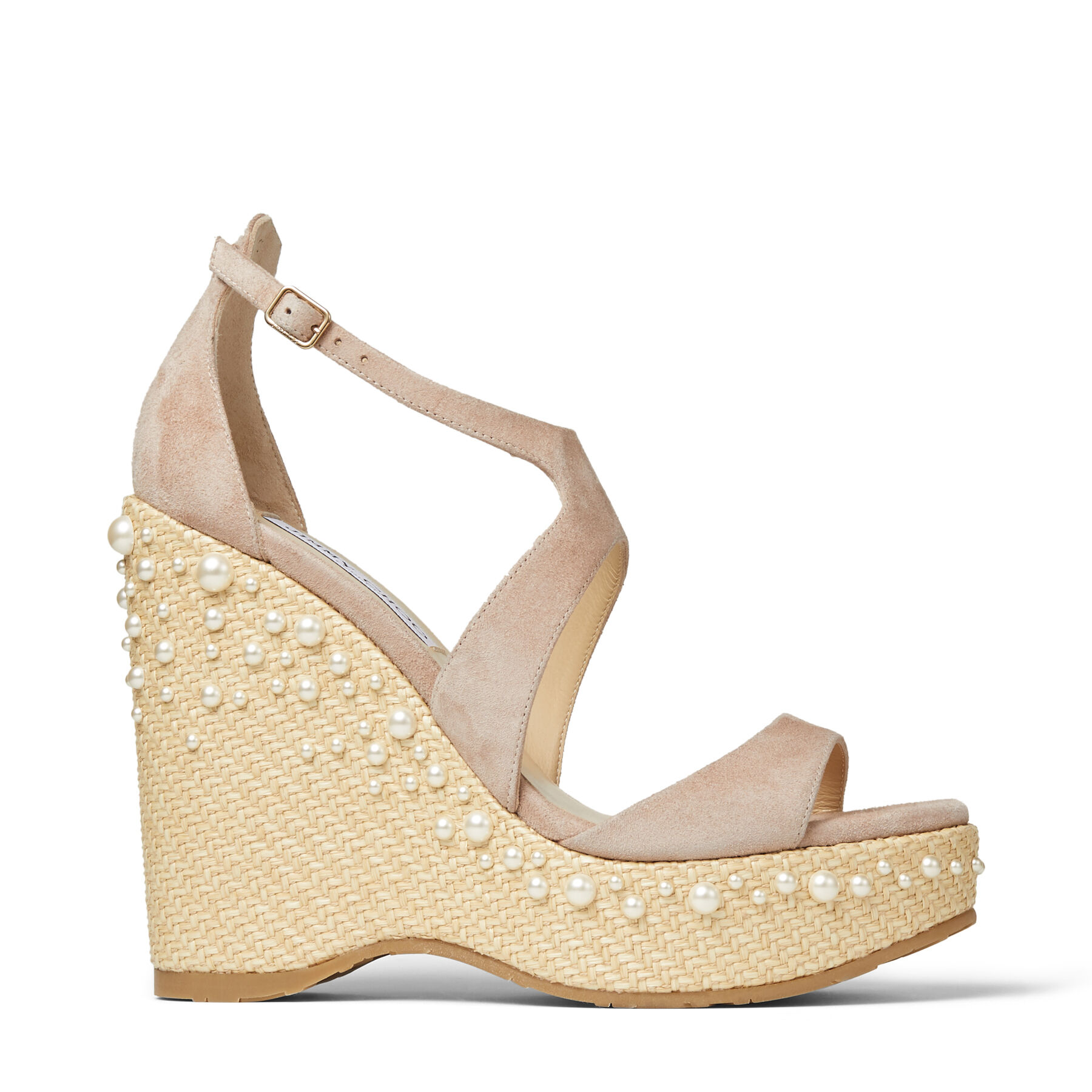 Ballet Pink Suede Wedge Sandals with Pearl Embellishment PALM 120