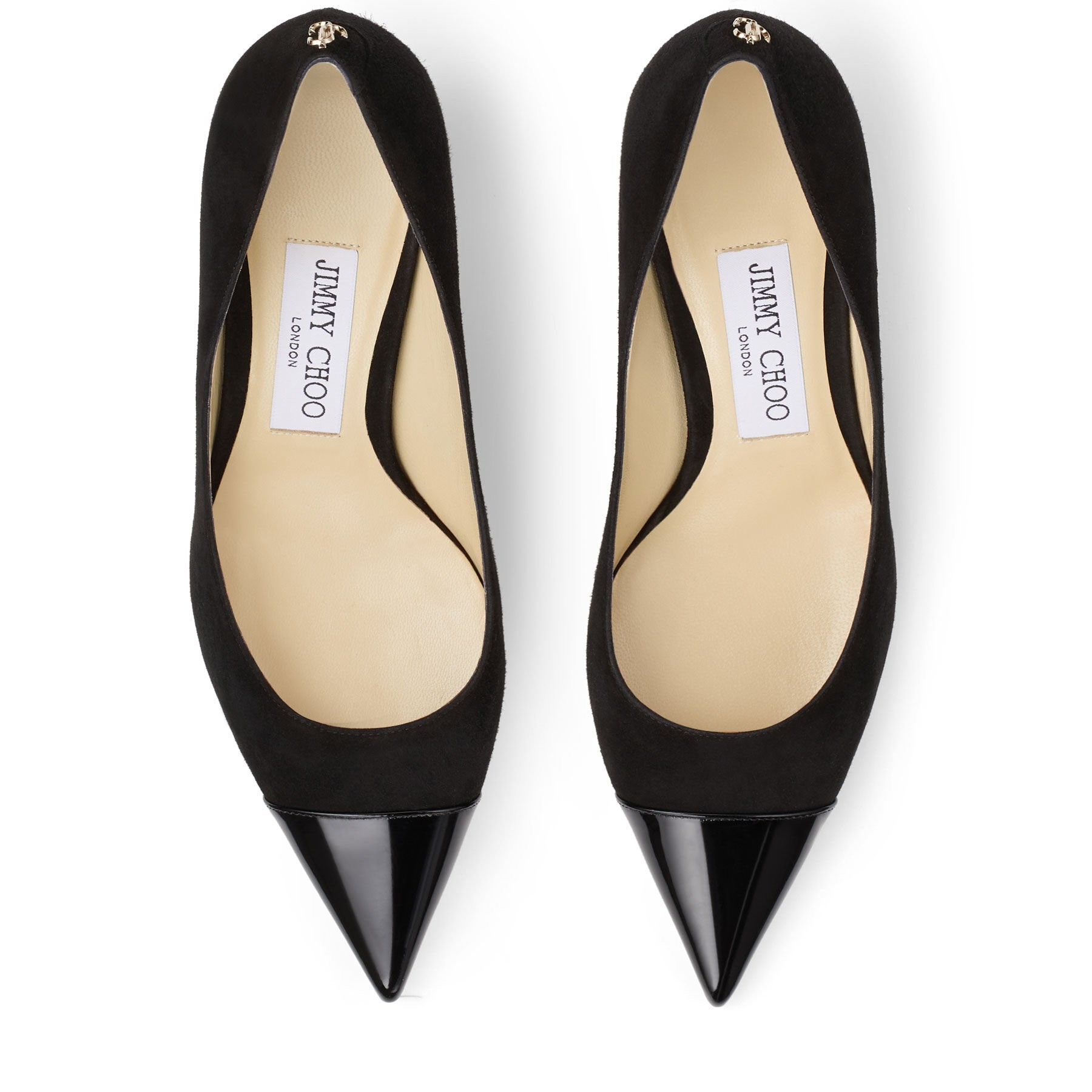 Black Suede and Patent Leather Pointed Pumps with JC Emblem | RENE 65 ...