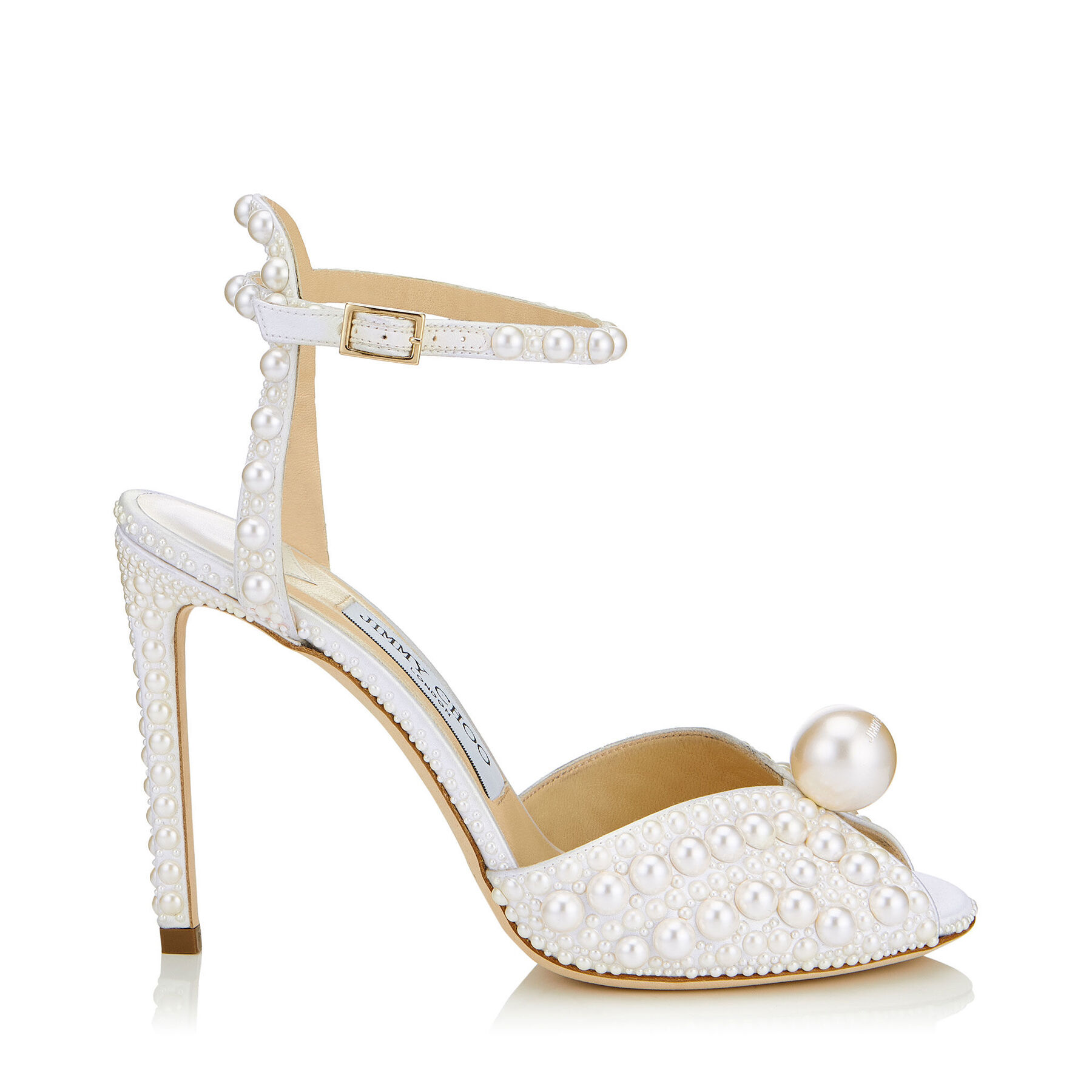 White Satin Sandals with Over Pearls SACORA 100 | Autumn 18 | JIMMY CHOO