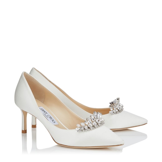 Ivory Satin Pointy Toe Pumps with Crystal Tiara | Romy 60 | CR18 ...