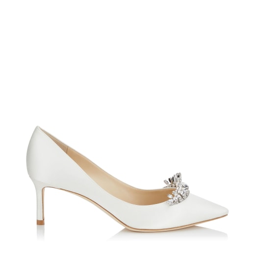 Ivory Satin Pointy Toe Pumps with Crystal Tiara | Romy 60 | CR18 ...