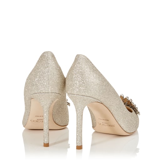Platinum Ice Dusty Glitter Pointy Toe Pumps with Crystal Tiara | Romy ...