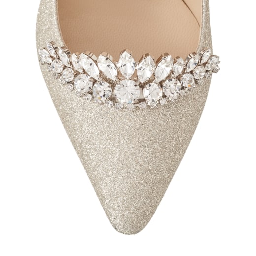 Platinum Ice Dusty Glitter Pointy Toe Pumps with Crystal Tiara | Romy ...