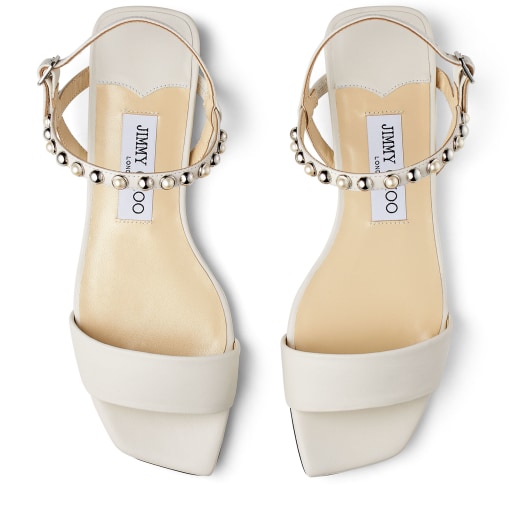 Latte Nappa Leather Sandals with Silver Dome Studs and White Pearls ...