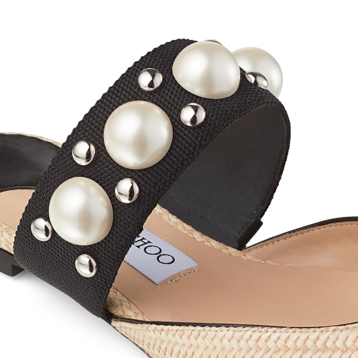 Natural Raffia Flats with White Pearls and Studs | BASETTE FLAT ...