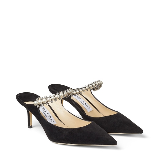 Black Suede Mules with Crystal and Pearl Strap | BING 65| Autumn-Winter ...