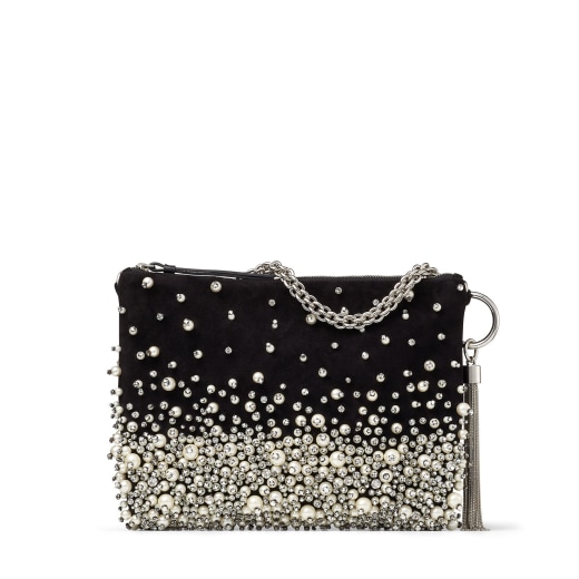 Black Suede Clutch Bag with Dégradé Pearl Embroidery|CALLIE| Autumn ...