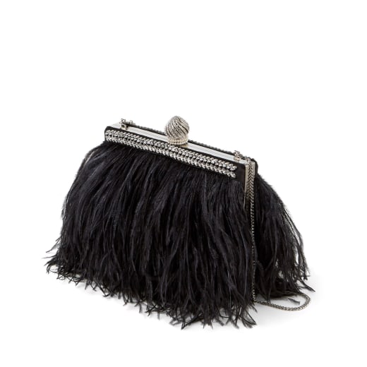 Black Satin Clutch Bag with Ostrich Feathers, Crystals and Dome Clasp ...