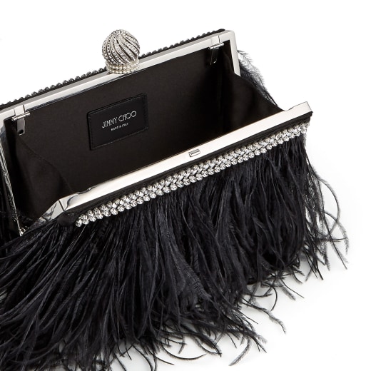 Black Satin Clutch Bag with Ostrich Feathers, Crystals and Dome Clasp ...