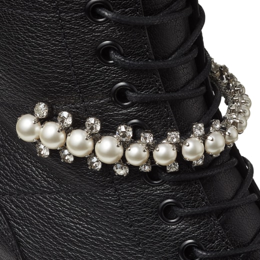 Black Grained Leather Lace-Up Combat Boots with Crystal and Pearl ...