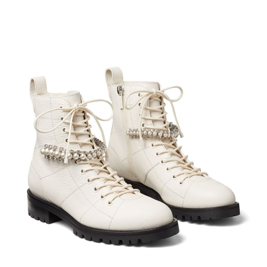 White Grained Leather Combat Boots with Crystal and Pearl Detailing ...