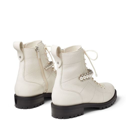 White Grained Leather Combat Boots with Crystal and Pearl Detailing ...