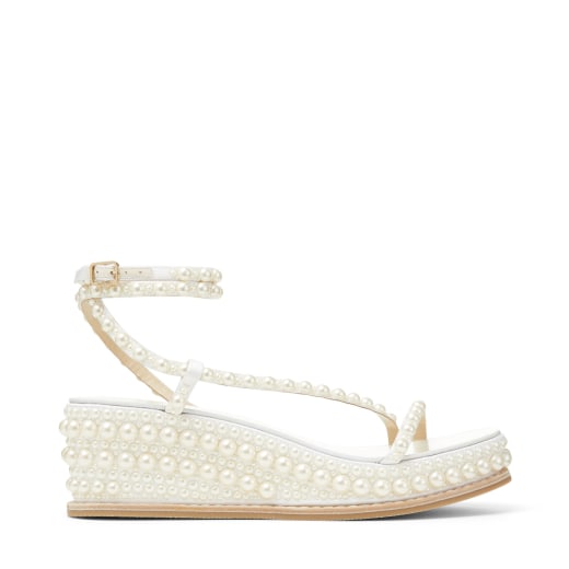 White Satin Wedge Sandals with Pearl Embellishment | DRIVE 60 | High ...