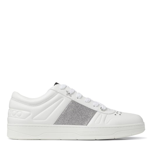 White Calf Leather Lace-Up Trainers with Glitter Stripe | HAWAII/M ...