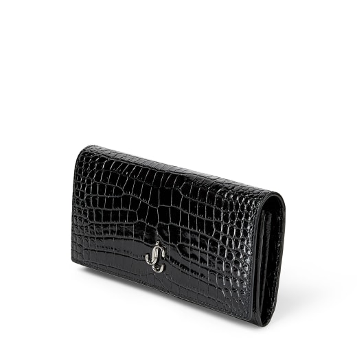 Black Shiny Croc-Embossed Leather Wallet with JC Emblem | MARTINA | Pre ...