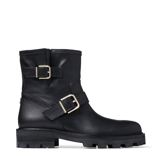 Black Smooth Leather Biker Boots with Gold Buckles | YOUTH II| Autumn ...